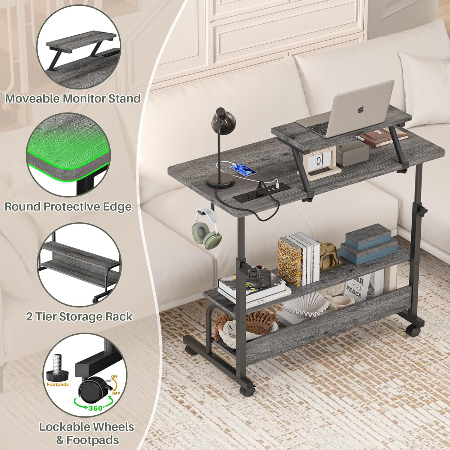 Height Adjustable Standing Desk with Power Outlets and LED Lights - 32' Manual Stand Up Desk with Monitor Stand and Storage Shelves Small Mobile Rolling Computer Desk Portable Laptop Table, Grey Oak