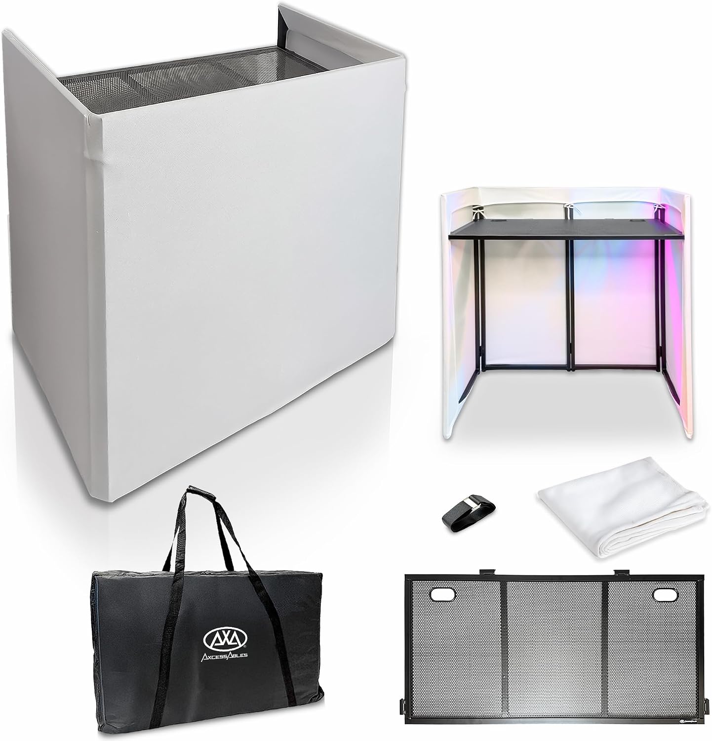 AxcessAbles Portable White DJ Facade Booth with Carry Case – 40' x 20' Tabletop, Steel Frame, and White Scrim | White DJ Table | Event Booth (ES-01X)