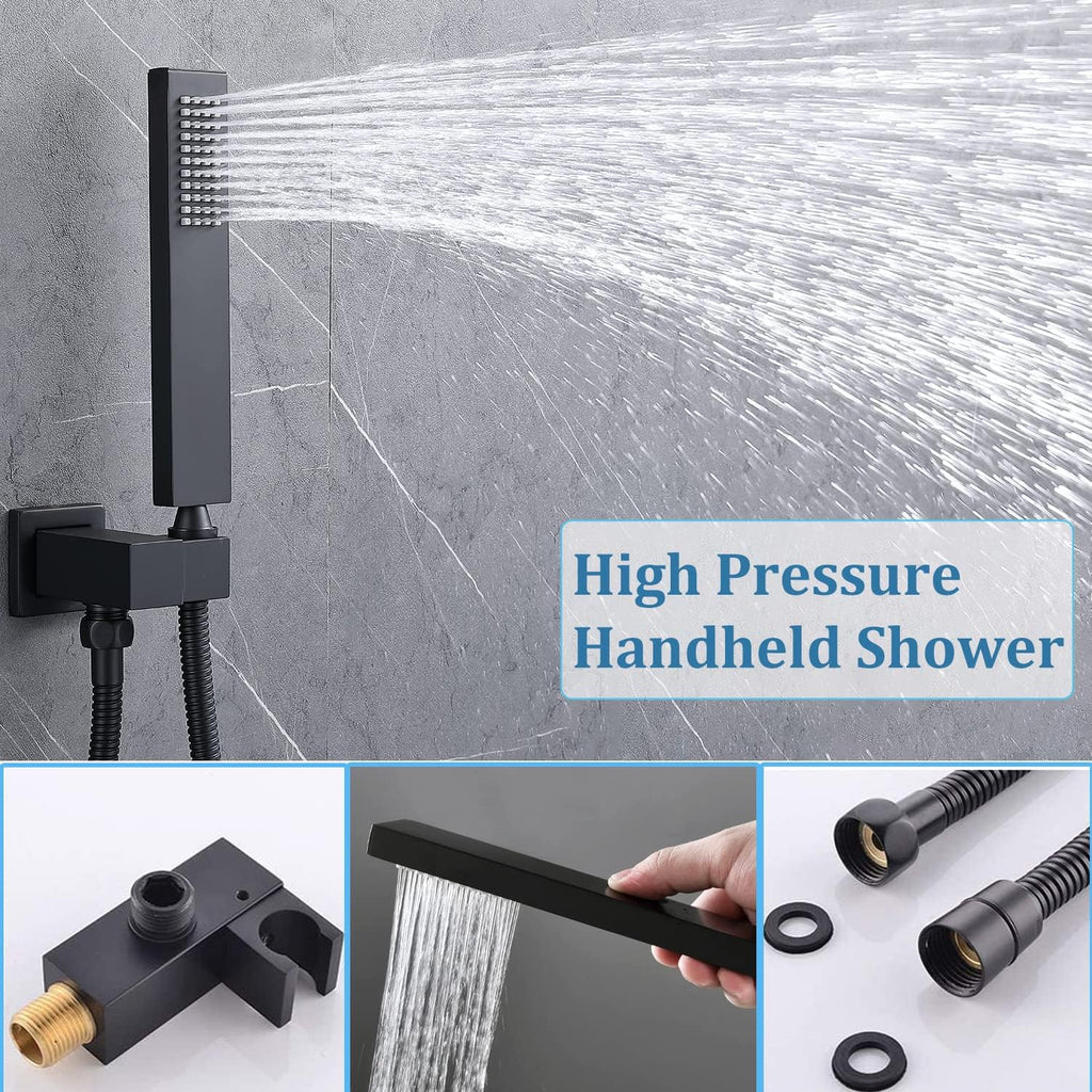 Shower Faucet System Matte Black Ceiling Mount 12 Inch Full Body Shower Head Set With 4PCS Body Spray Jet Three Function Shower Mixer Set, Can Work Together