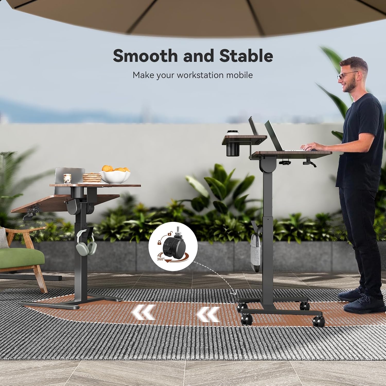 28 inch Mobile Standing Desk On Wheels， Small Computer Workstation Adjustable Height，Rolling Laptop Stand with Tiltable Desktop， 2-Tier Portable Study Table with Storage Shelf， Walnut