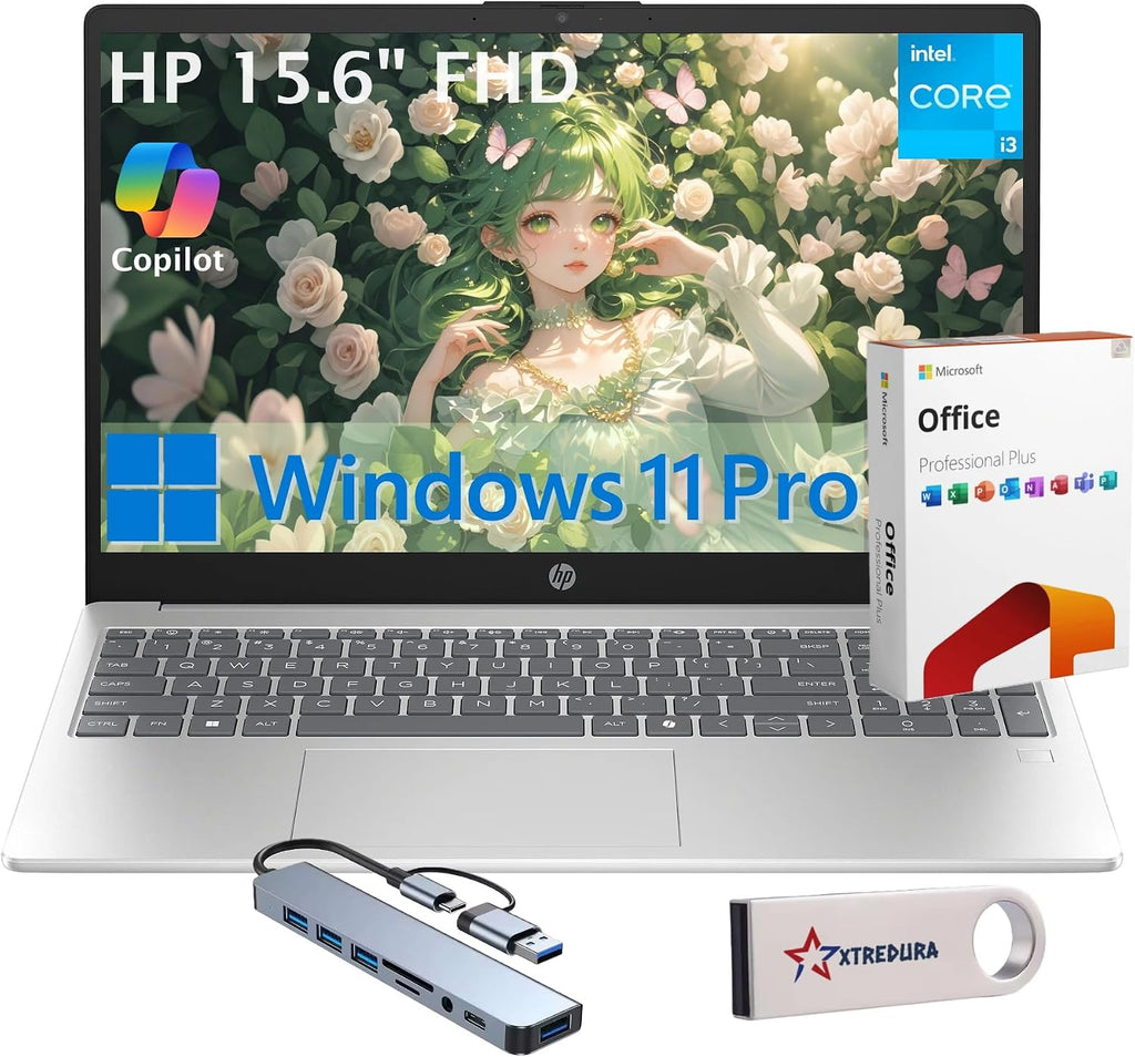 HP 15.6' FHD Laptop, Windows 11 Pro, Free Lifetime MS Office • Copilot AI, Intel 8 Core i3-N305, 32GB RAM, 1TB SSD, for Business, Home, Student, 10-Key Num Pad, 8-in-1 HUB & USB Flash Drive