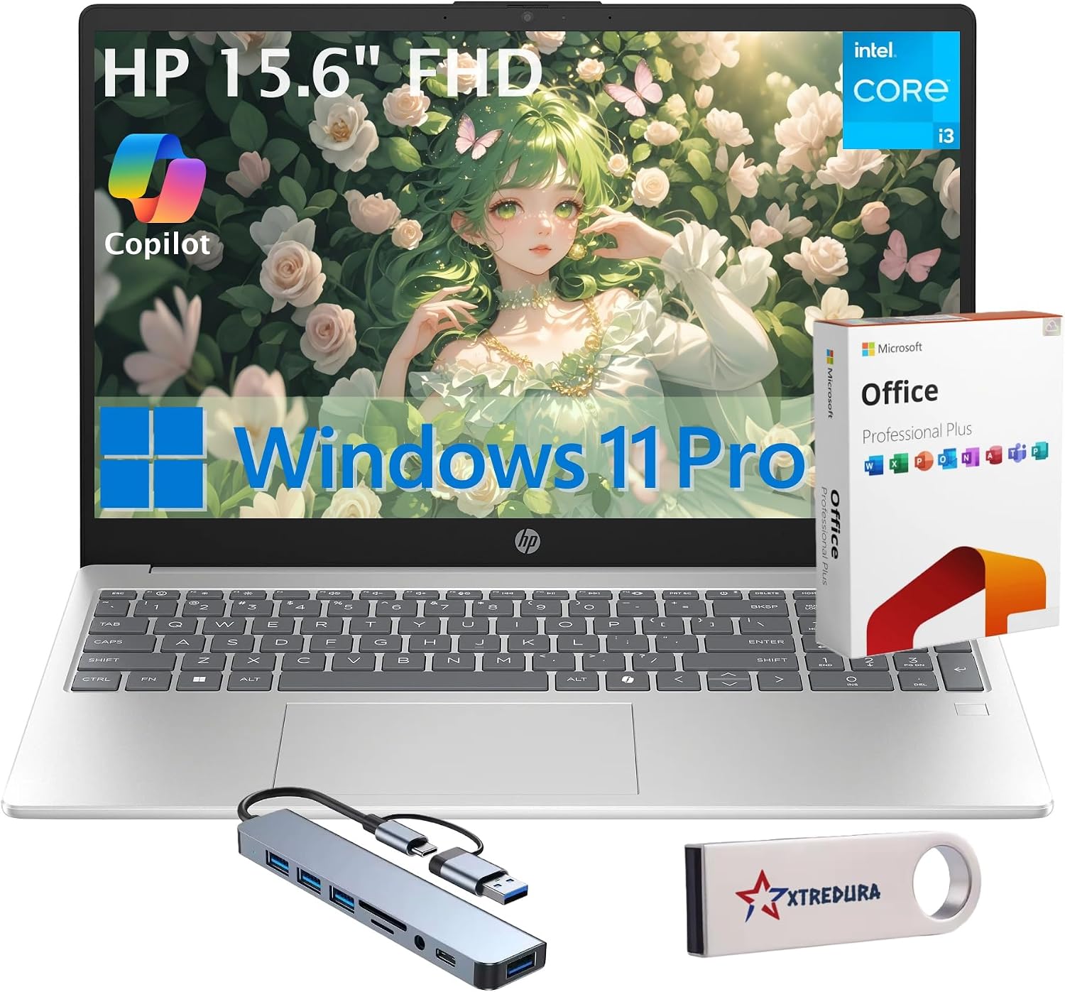 HP 15.6' FHD Laptop, Windows 11 Pro, Free Lifetime MS Office • Copilot AI, Intel 8 Core i3-N305, 32GB RAM, 1TB SSD, for Business, Home, Student, 10-Key Num Pad, 8-in-1 HUB & USB Flash Drive