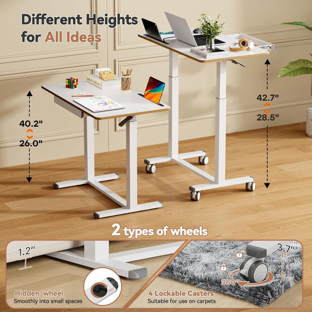 Mobile Standing Desk, 35inch Small Rolling Table with Drawer, Height Adjustable Sit Stand Workstation, White Portable Laptop Cart with Hidden Wheels or Lockable Casters