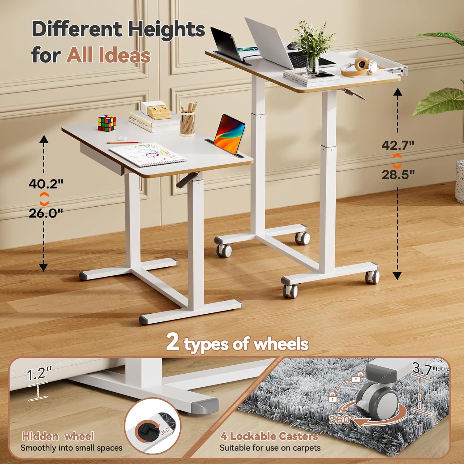 Mobile Standing Desk, 35inch Small Rolling Table with Drawer, Height Adjustable Sit Stand Workstation, White Portable Laptop Cart with Hidden Wheels or Lockable Casters
