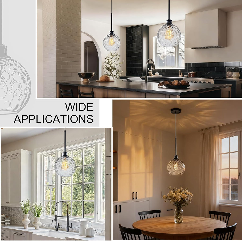 Globe Pendant Light Fixtures, 2 Pack Glass Black Pendant Lights Kitchen Island with 7.8' Clear Hammered Glass, Adjustable Hanging Island Lights for Kitchen Bathroom Sink Entryway Dining Room