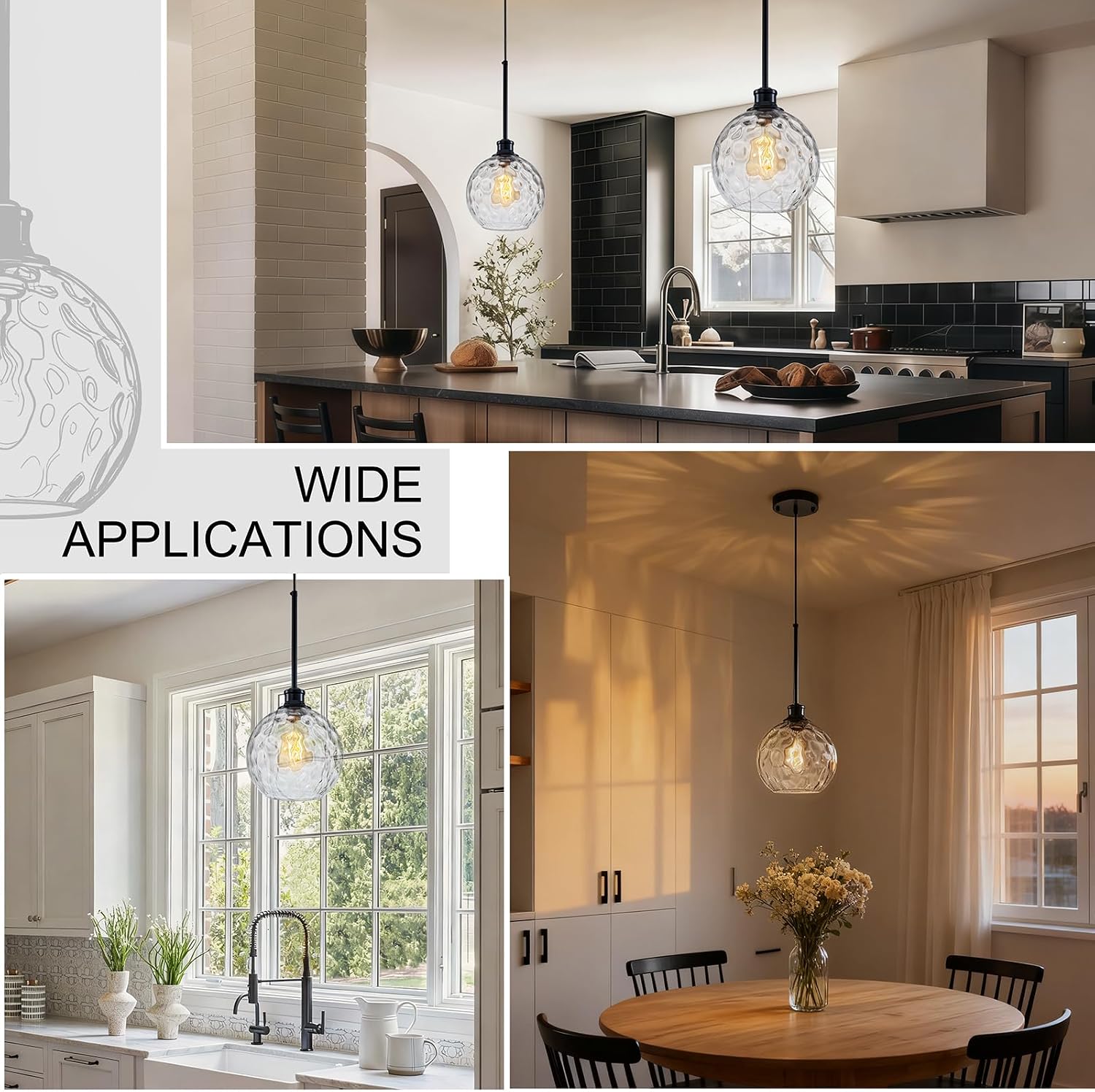 Globe Pendant Light Fixtures, 2 Pack Glass Black Pendant Lights Kitchen Island with 7.8' Clear Hammered Glass, Adjustable Hanging Island Lights for Kitchen Bathroom Sink Entryway Dining Room