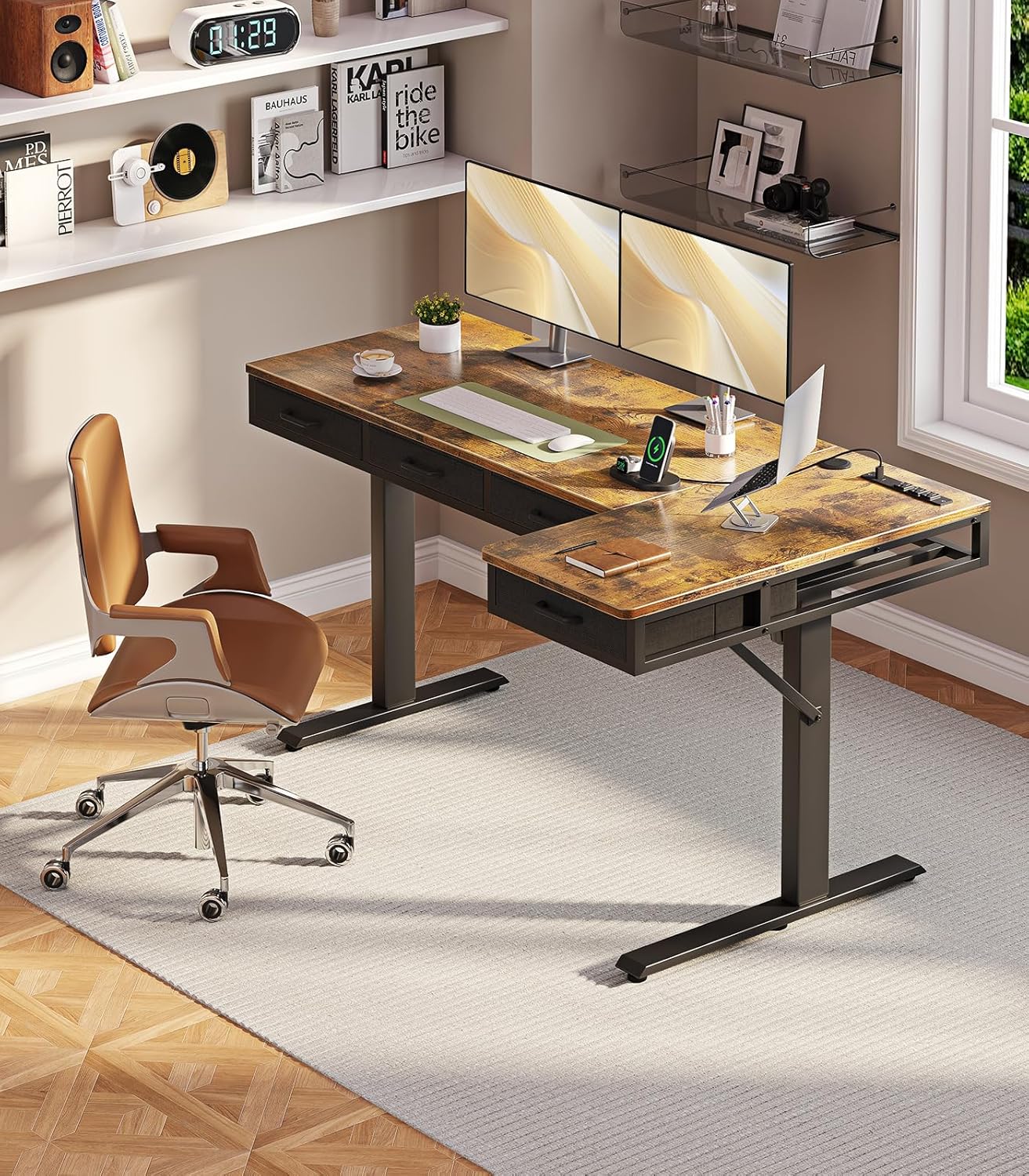 OffiGo 63 Inch L Shaped Electric Standing Desk with Drawers, Height Adjustable Large Desk with Power Outlets, Sit Stand Table, Writing Computer Desk for Home, Office, Workstation, Rustic Brown
