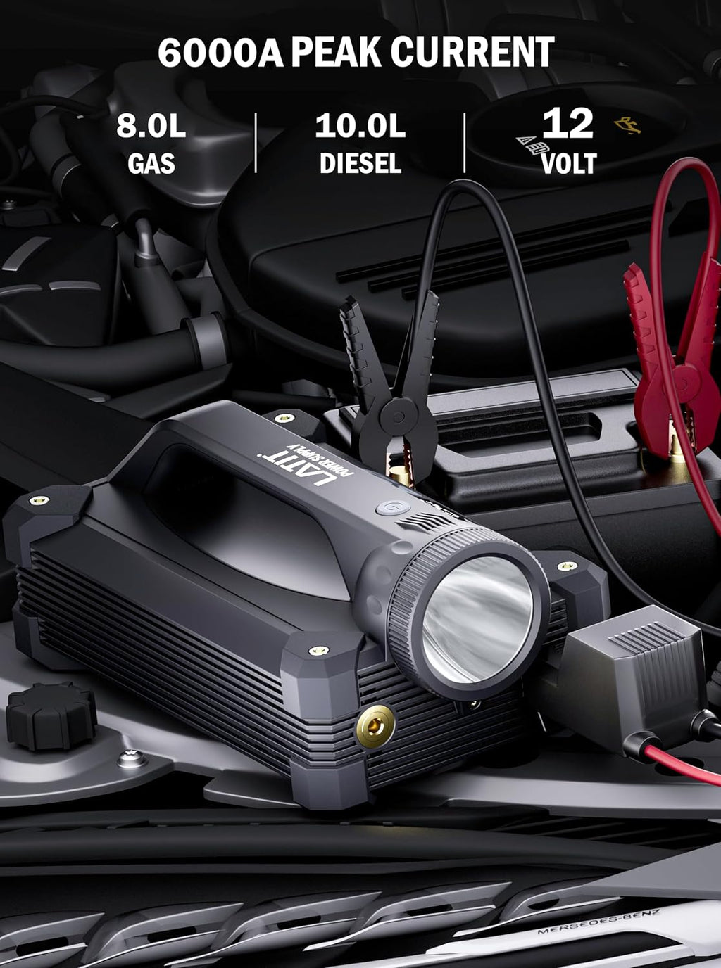 LATIT 6000A Jump Starter with Air Compressor 65W Fast Charging, 28000mah 150PSI Tire Inflator, 12V Jump Box Portable for 10L Gas/8L Diesel Engine, Jump Pack with Jumper Cables, Lights 2000LM