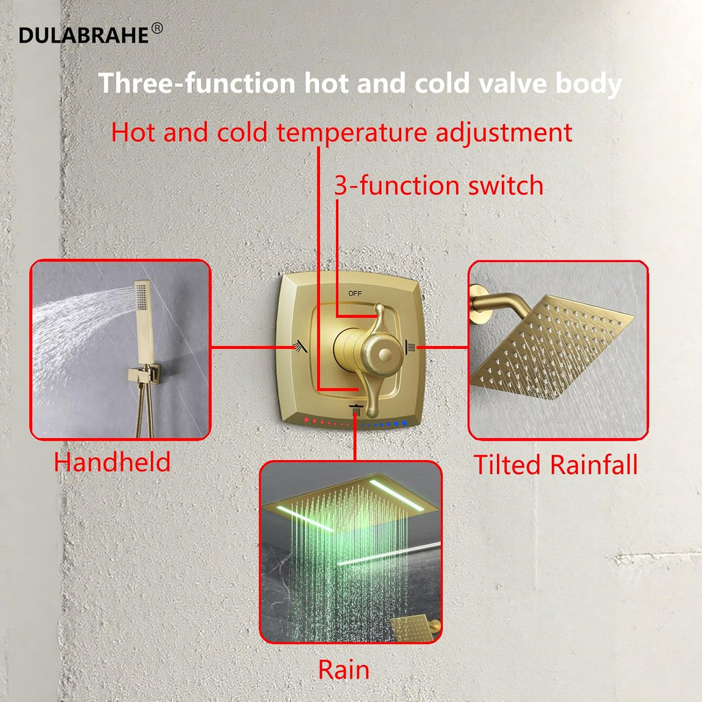 14 X 20 Inch Ceiling LED Rain Shower Head, Dual Rainfall Smart Shower System Set With 8 Inch Wall Head For Two People (Brushed Gold)