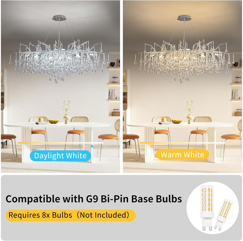 Modern Crystal Raindrop Chandelier, L40'' Silver Linear Rectangle Art Deco Tree Branch Lighting Fixture for Kitchen Island Living Room Foyer Staircase 10 Lights