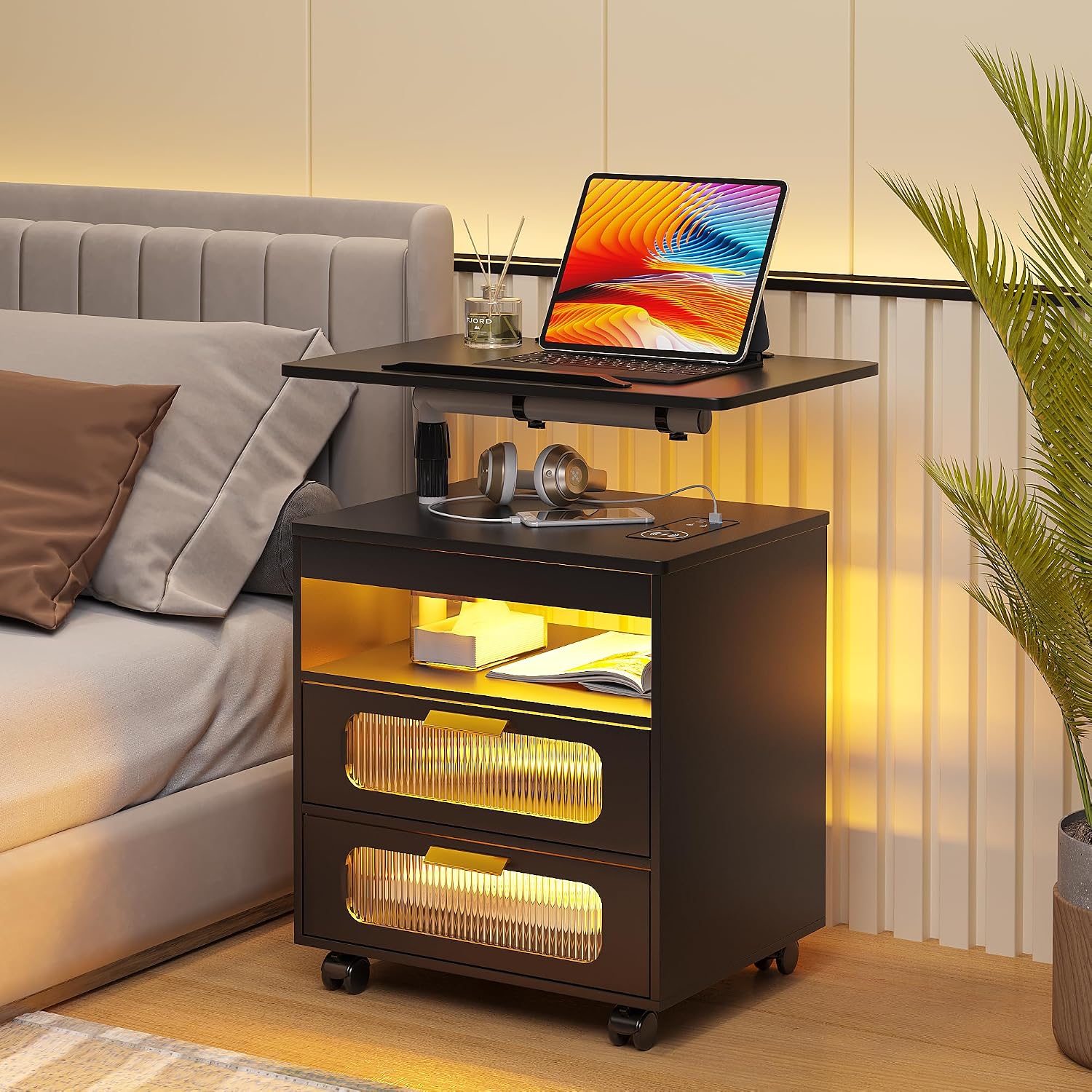 HNEBC LED Nightstand Set of 2 with Charging Station & Adjustable Overbed Desk, 3 Color LED Lights & Body Sensor, Mobile Bedside Table with Wheels, 2 Drawers & Open Shelf for Bedroom (Black)