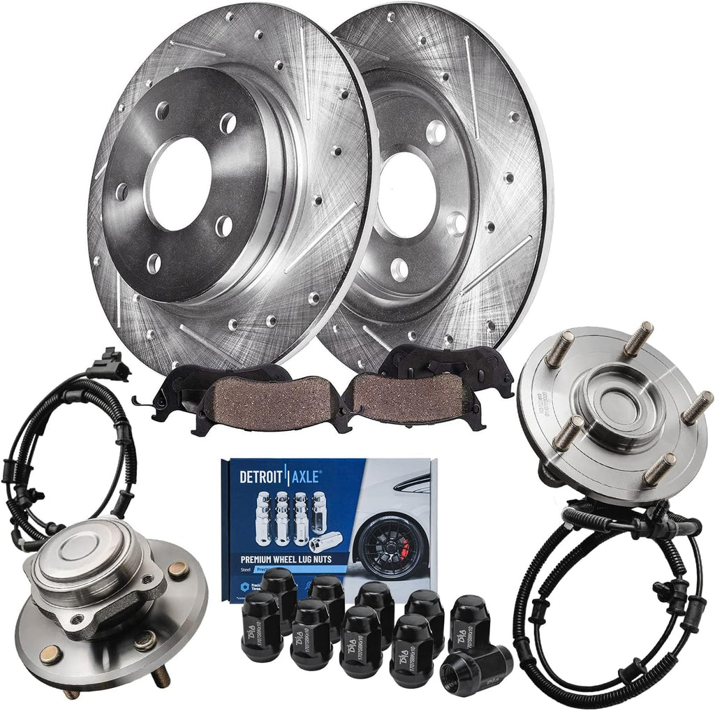 Detroit Axle - Rear Brake Kit for Dodge Grand Caravan Chrysler Town & Country Routan, Drilled Disc Brakes Rotors Ceramic Brake Pads Wheel Bearing Hubs Wheel Lug Nuts Replacement : 12 inch Rotor