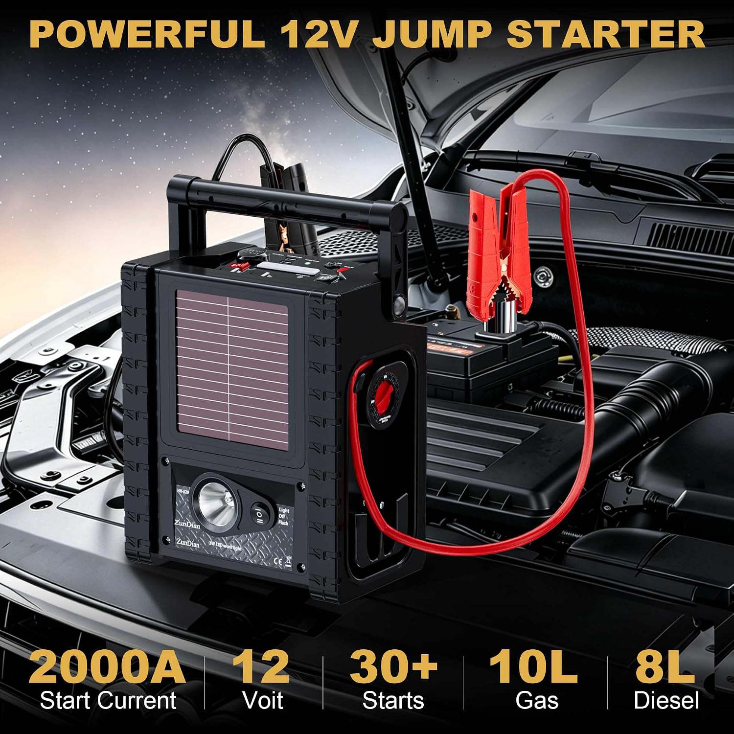 2000A Car Battery Jump Starter with Air Compressor 12V Battery Jumper Box Car Start Booster Up to 10L Gas/8L Diesel Engines with 400W AC Inverter, LED Light