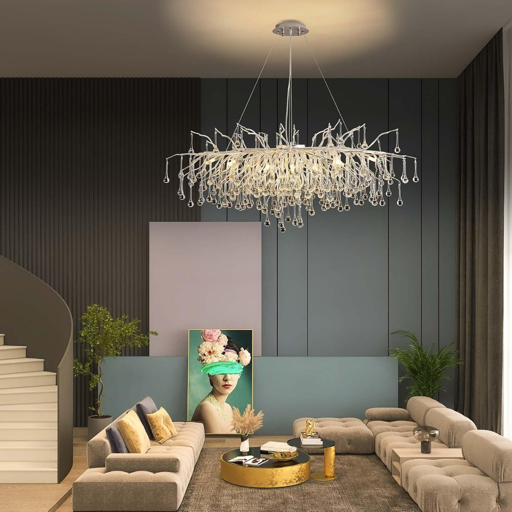 Modern Crystal Raindrop Chandelier, L40'' Silver Linear Rectangle Art Deco Tree Branch Lighting Fixture for Kitchen Island Living Room Foyer Staircase 10 Lights