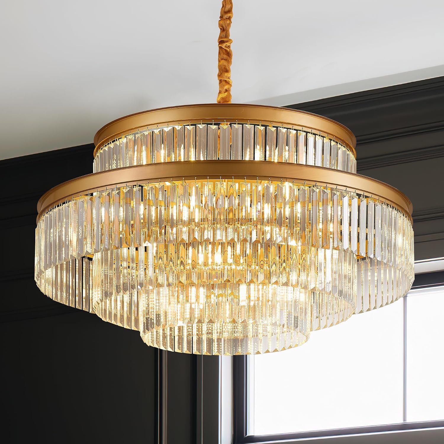 31.5' 18-Light Modern Crystal Chandelier Light Fixture Large 4-Tier Gold Luxury Glam Chandeliers for Dining Room Round Hanging Pendant Lighting for Living Room Kitchen Bedroom Foyer Lobby