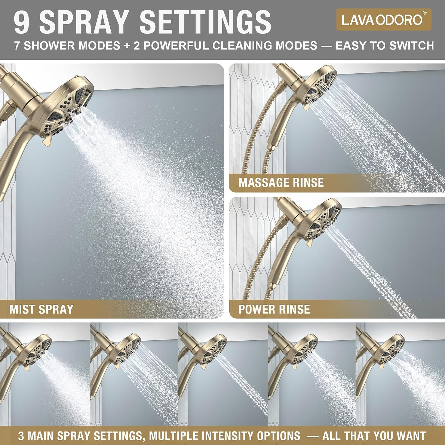 LAVA ODORO Handheld Shower Head with Magnetic Docking System, 10-Function High Pressure Detachable Shower Head, 5-inch Showerhead with 72 Inch Hose, Champagne Gold, SH180-CB