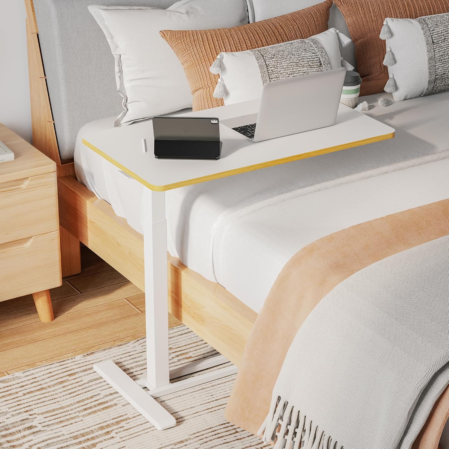 SANODESK Medical Adjustable Overbed Bedside Table with Hidden Casters, Pneumatic Mobile Laptop Computer Standing Desk Cart with Tray, Hospital and Home Use(31.5' W x 17.7' D, White)