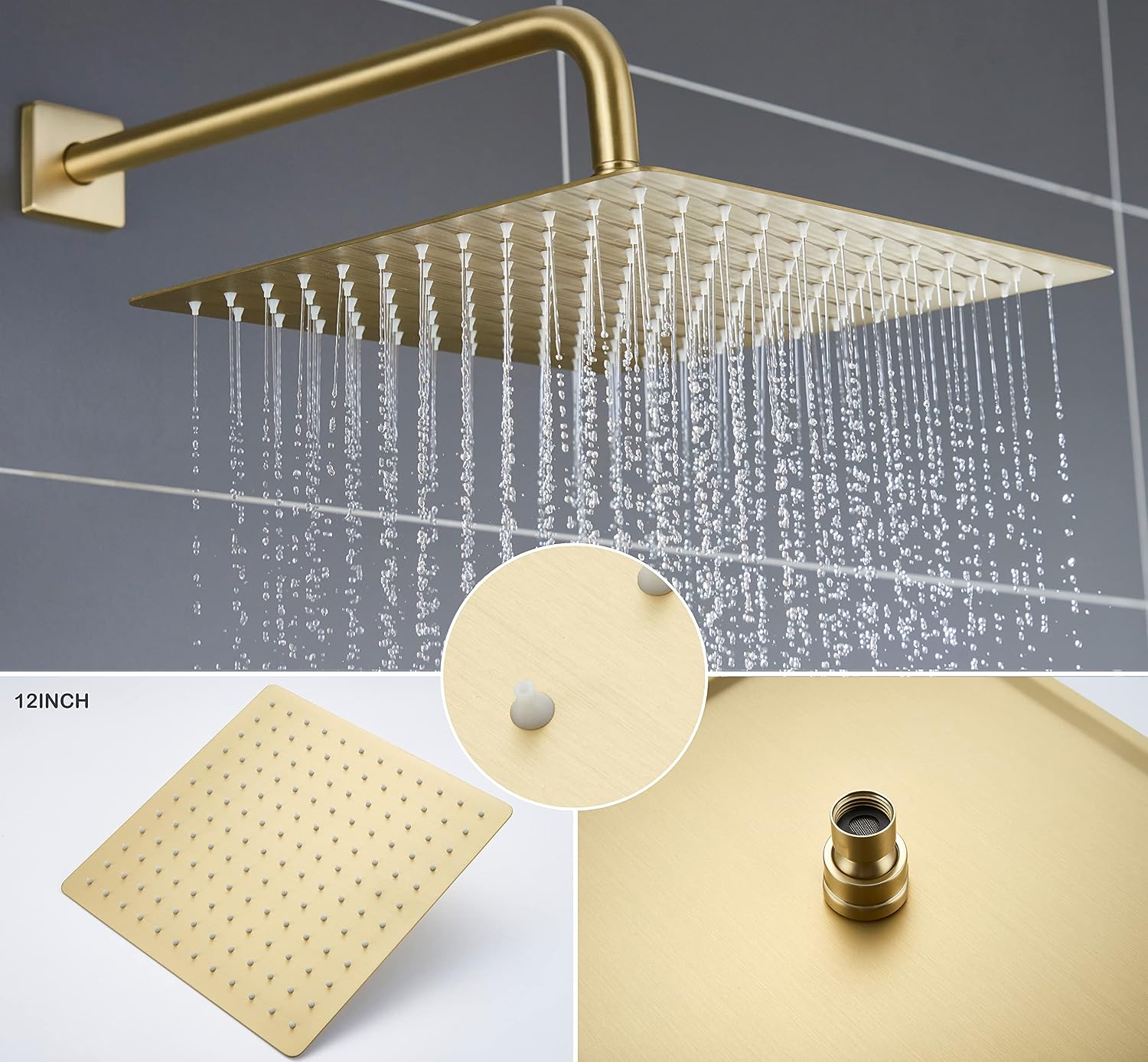 SOOOHOT Brushed Gold Shower Fixtues, Tub and Shower Faucet Set Combo with 12 Inch Gold Shower Head and Tub Spout, Gold Shower Head and Handle Set (Valve Included)
