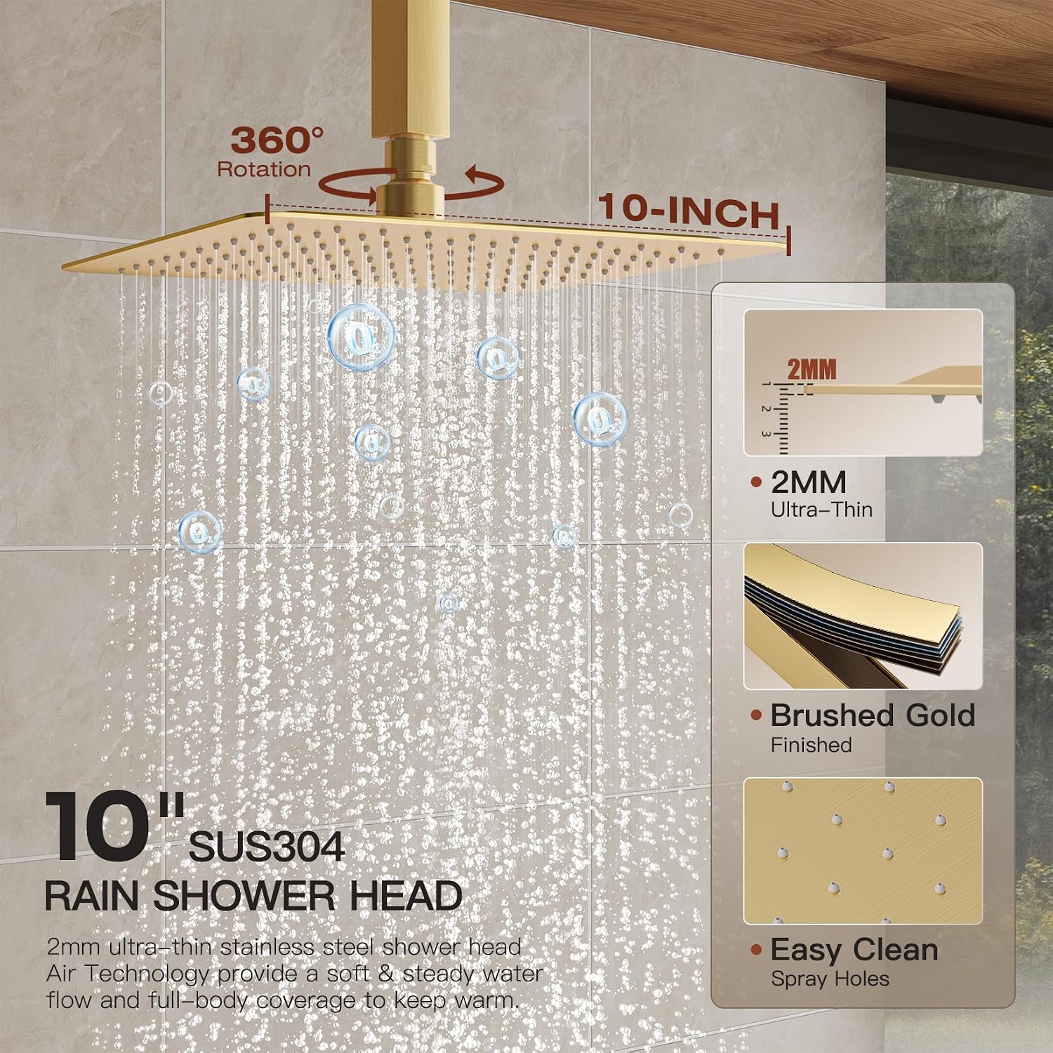 Gold Shower System, Shower Faucet Set with 3 In 1 Push Button Valve, Shower Faucet included 10' Ceiling Shower Head and 8' Wall-Mount Shower Head with Handheld Spray, Brushed Gold