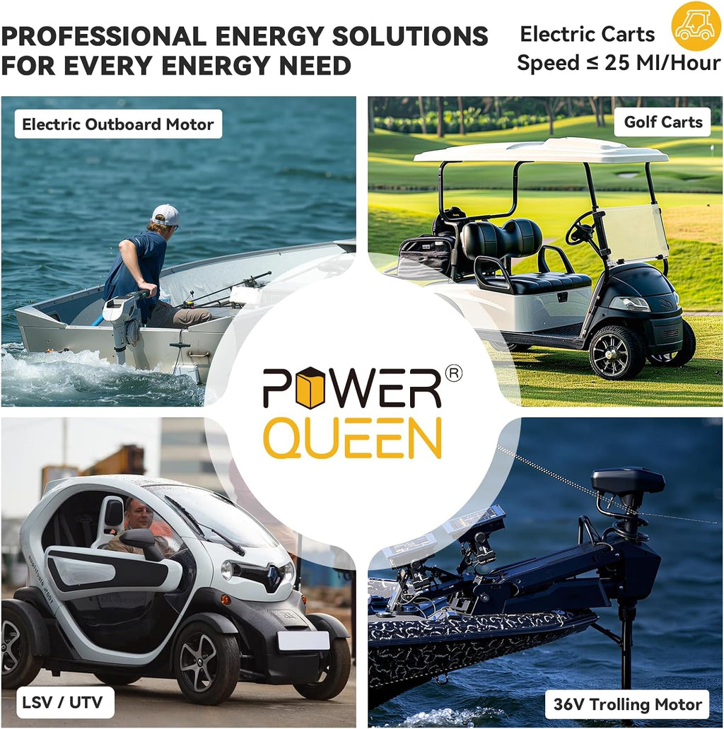 Power Queen 36V 45Ah Golf Cart Lithium Battery,GC2 Size LiFePO4 Battery with Bluetooth & Low-Temp Protection, 90A Smart BMS,Support Up to 2kW Motor,Max 3.45kW Output Power for Golf Carts