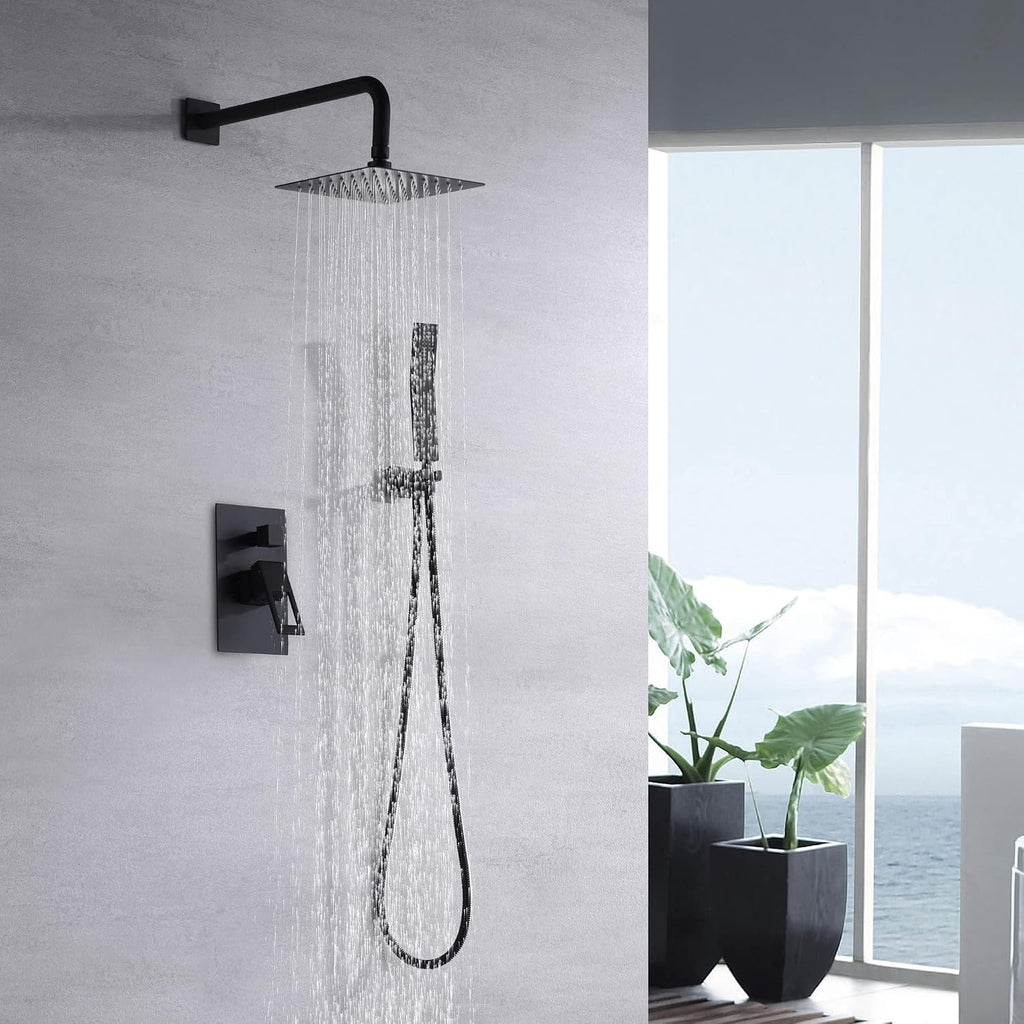 sumerain Matte Black Pressure Balance Shower Systems with 8 Inches Rain shower and Handheld, Rough-in Valve Body and Trim included