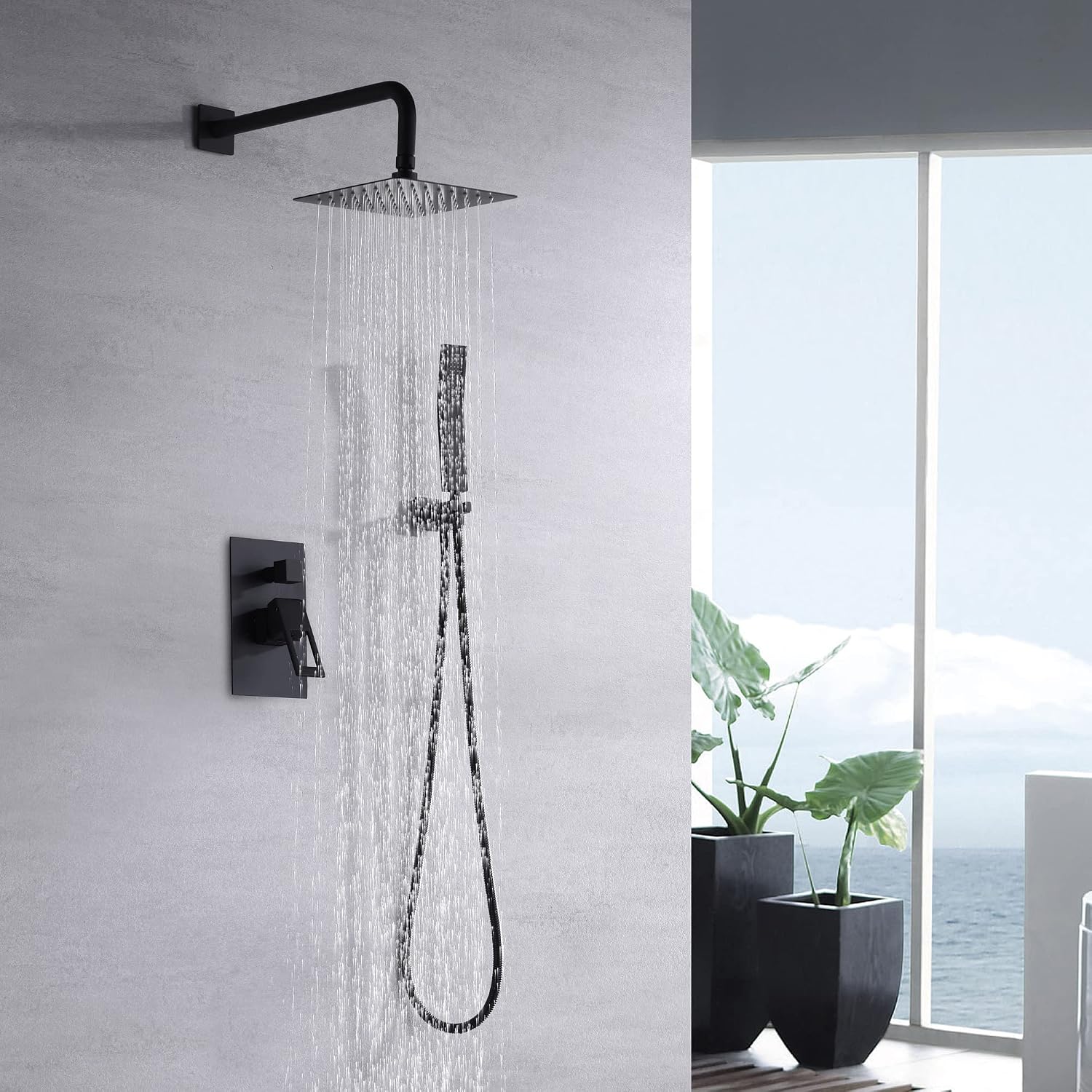 sumerain Matte Black Pressure Balance Shower Systems with 8 Inches Rain shower and Handheld, Rough-in Valve Body and Trim included