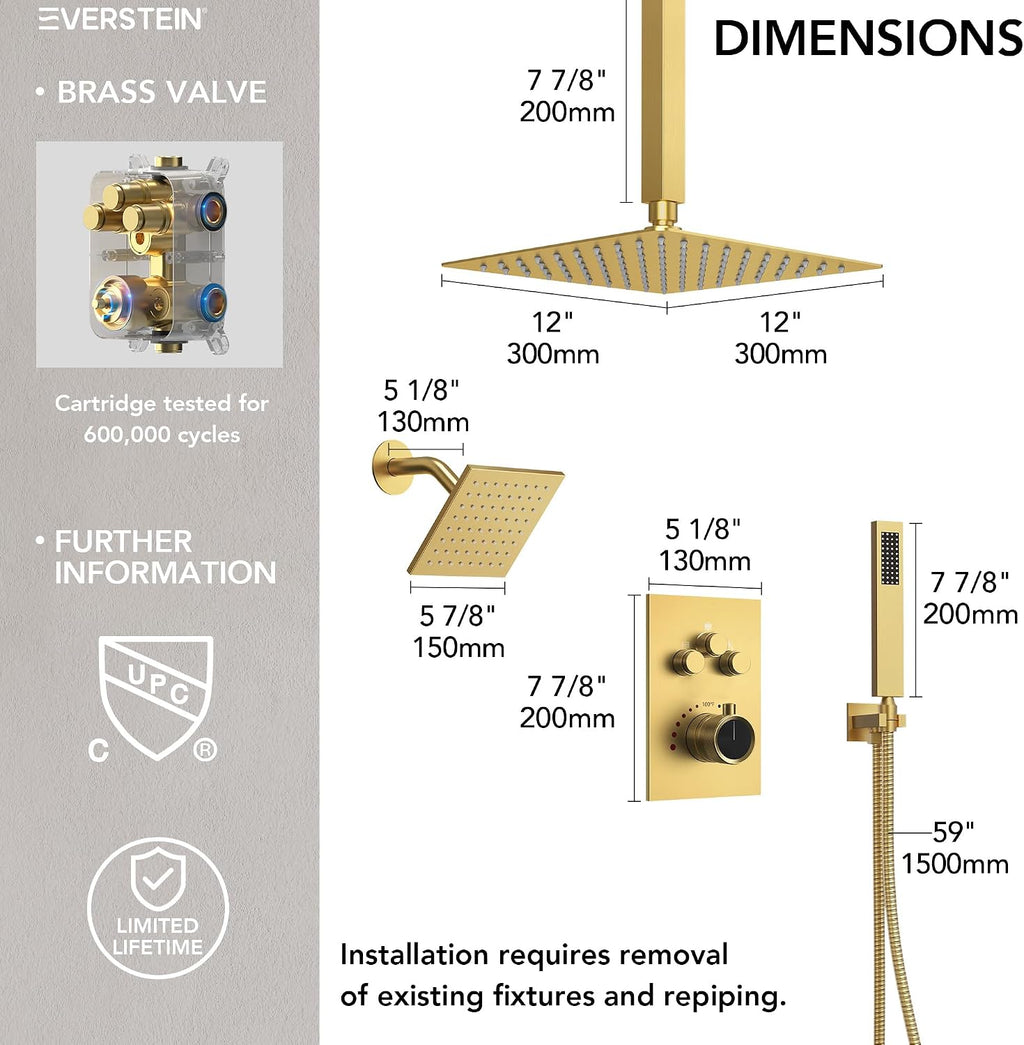 Ceiling Mount 12' High-Pressure Rainfall Shower Faucet, Dual Rainfall Shower Head System with Valve (Brushed Gold)