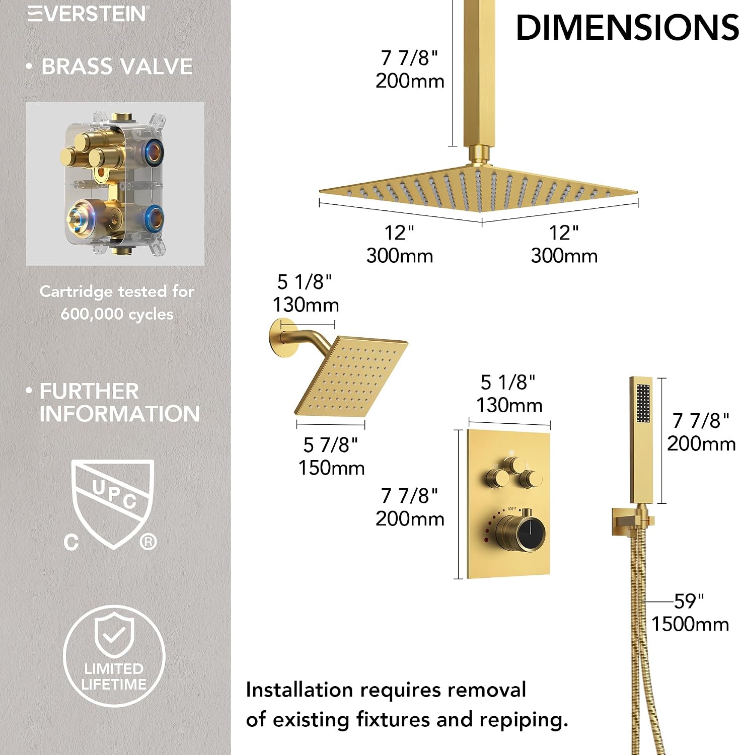 Ceiling Mount 12' High-Pressure Rainfall Shower Faucet, Dual Rainfall Shower Head System with Valve (Brushed Gold)