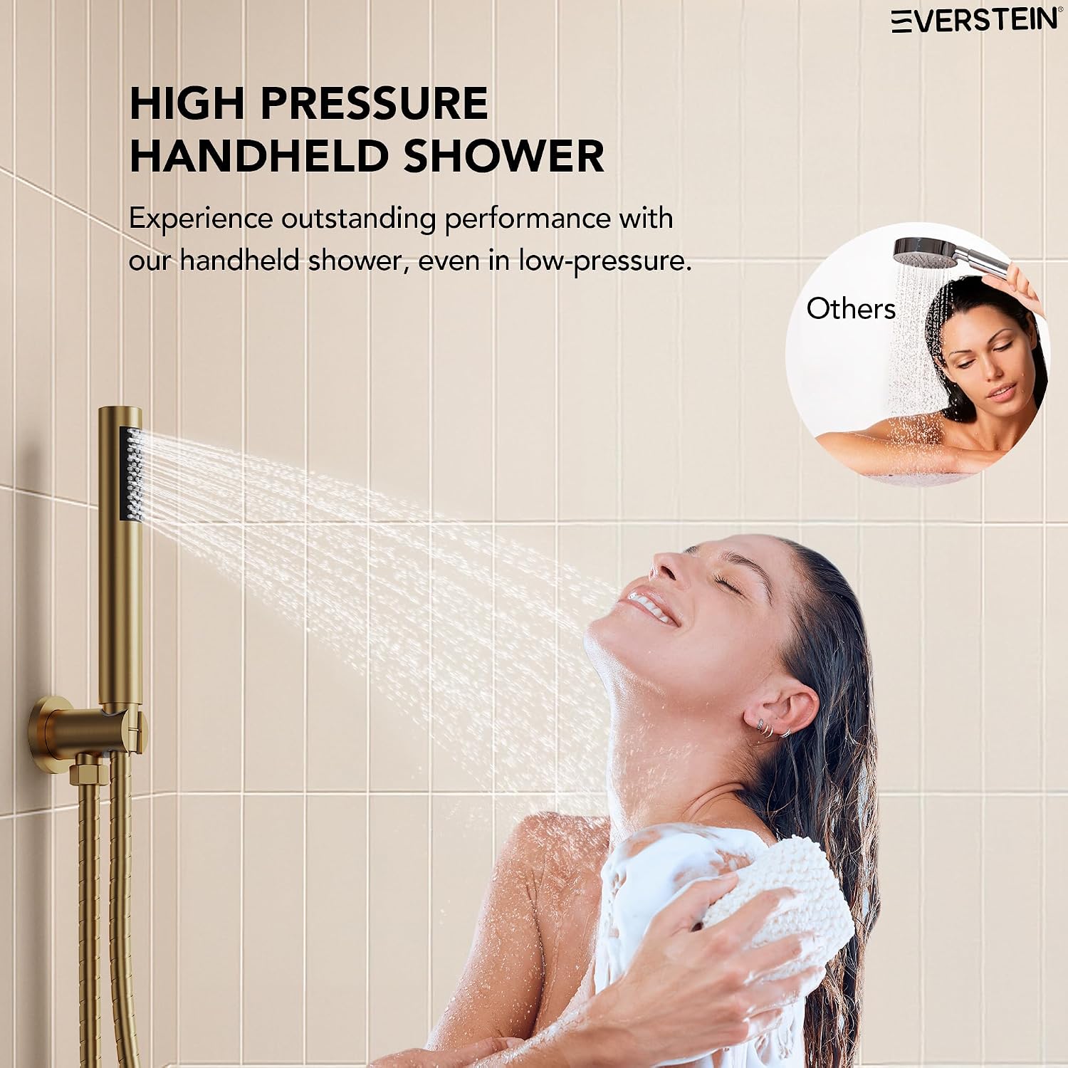 6' High-Pressure Shower System with Handheld Spray, Wall Mount Round Bathroom Shower Faucet Set with Valve (Brushed Gold)