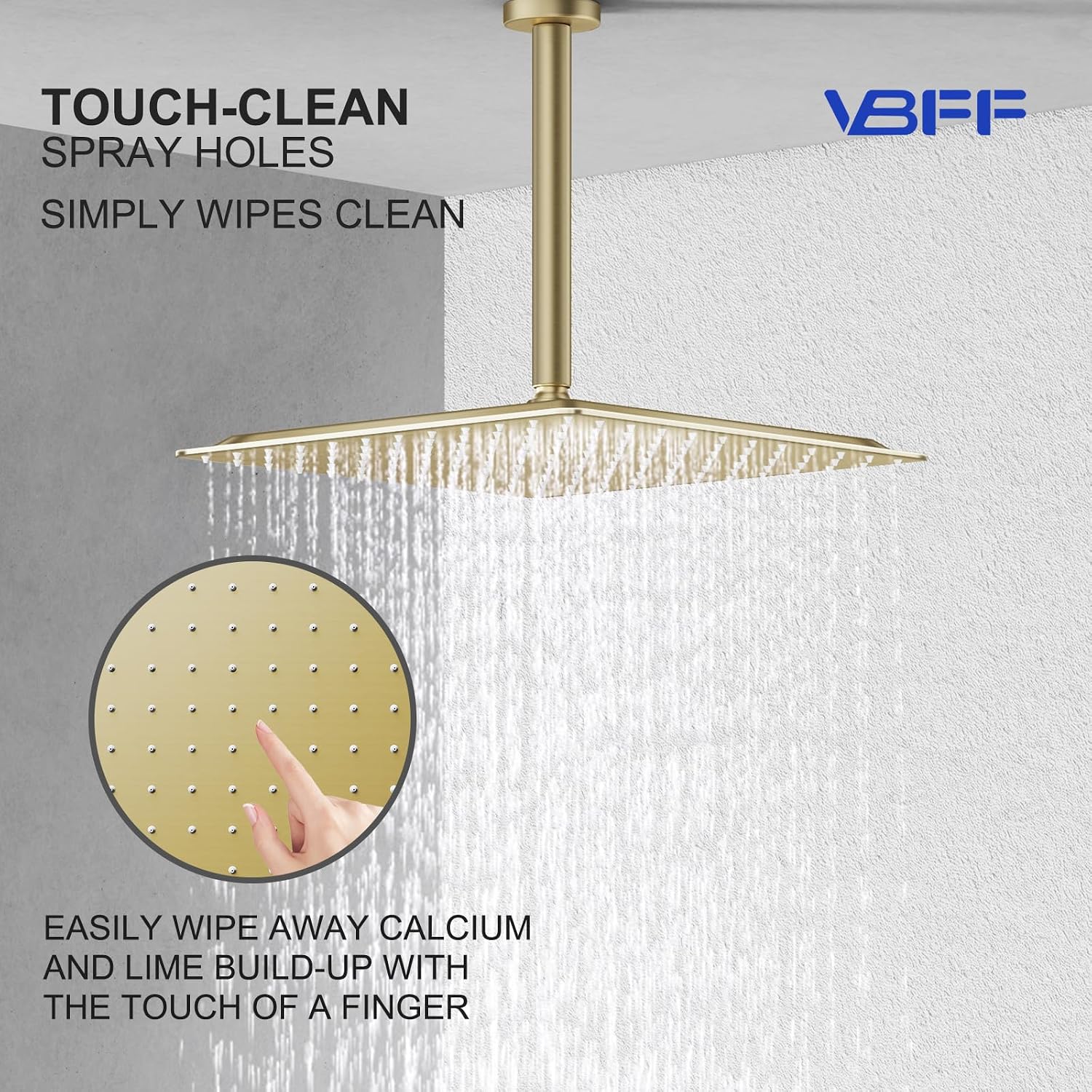 VBFF-Shower Head,rain shower head, 12 inch- Square Shower Head, 1.8 GPM Flow Rate, rainfall showerhead,VBFF09 (Brushed Gold)
