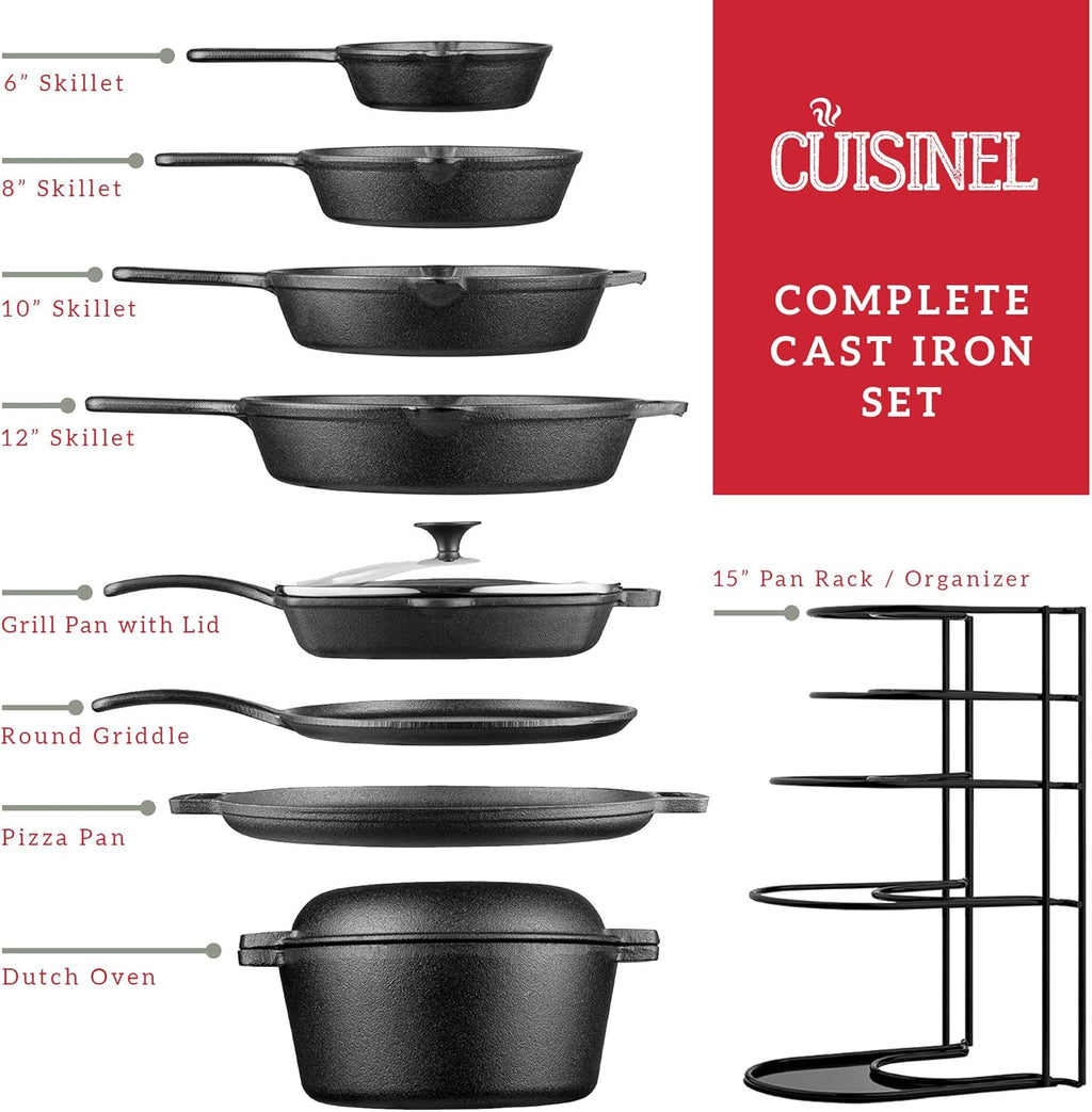 Cuisinel Cast Iron Cookware 18-Piece Set - Pre-Seasoned 6' + 8' + 10' + 12' Skillet + Grill Pan+Lid + Griddle + Pizza Pan + Dutch Oven+Pan Cover + Panrack + Silicone Handle Grips + Pan Scraper/Cleaner
