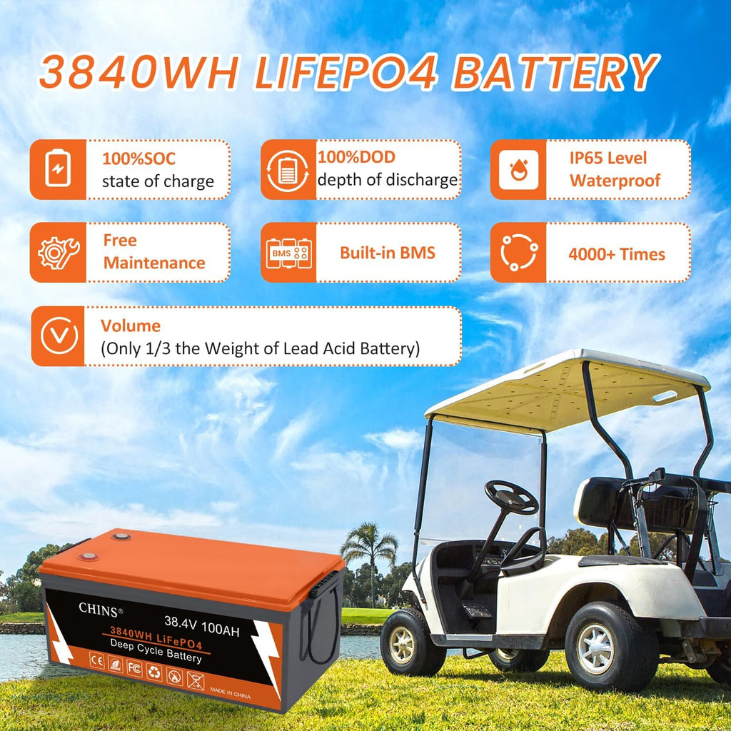 CHINS 36 Volt 100AH Lithium Battery for Golf Cart with 36V 25A Charger, Monitor, Built-in Bluetooth 200A BMS, 36V Golf Cart Battery with 7.68kW Output