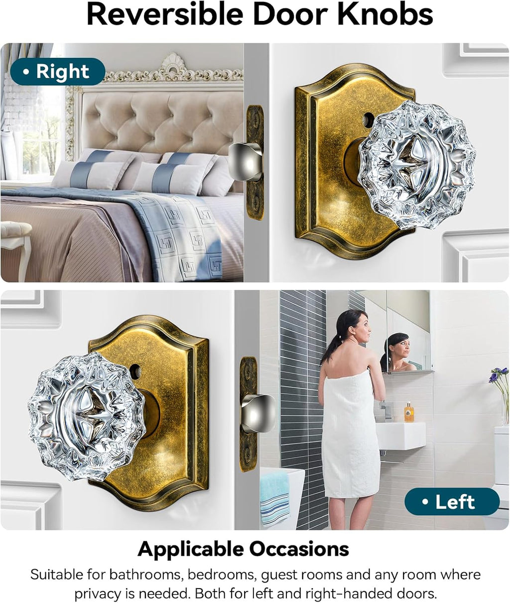 5 Pack Glass Crystal Door Knobs Interior, Aged Brass Crystal Door Knobs with Lock for Privacy Use, Antique Crystal Glass Doorknobs for Bedroom Bathroom Interior Doors