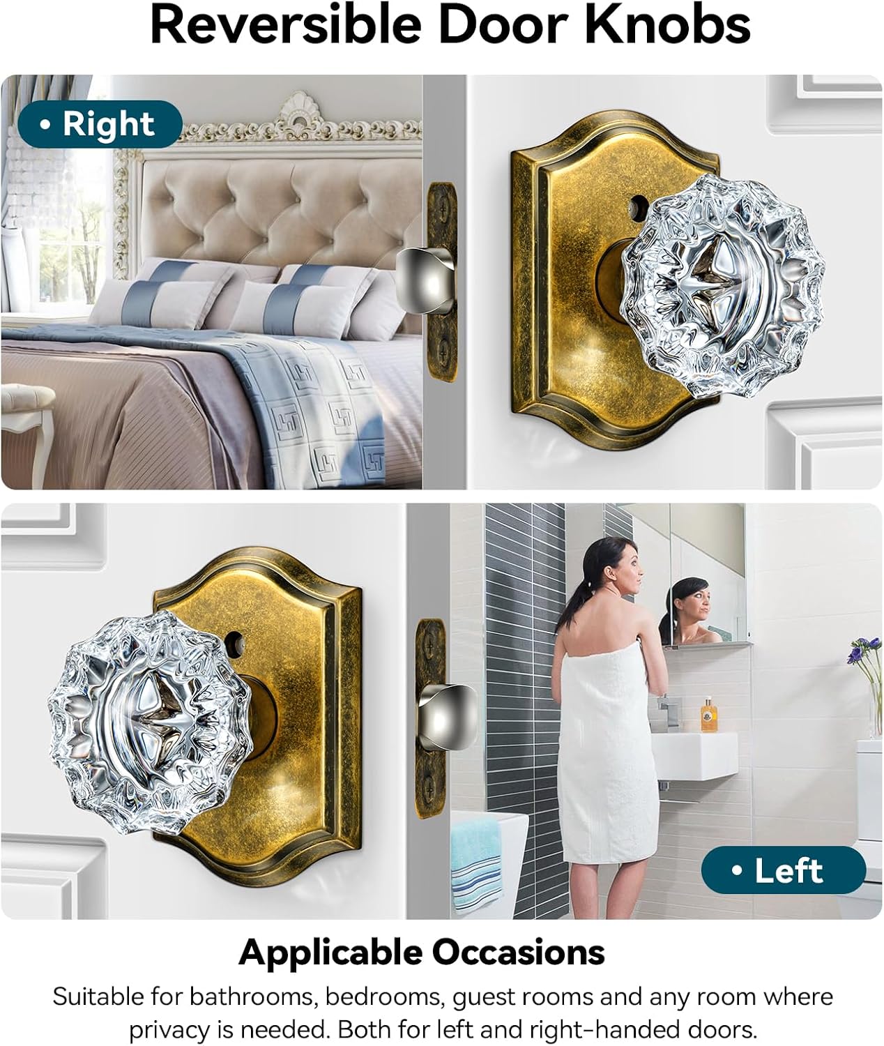 5 Pack Glass Crystal Door Knobs Interior, Aged Brass Crystal Door Knobs with Lock for Privacy Use, Antique Crystal Glass Doorknobs for Bedroom Bathroom Interior Doors