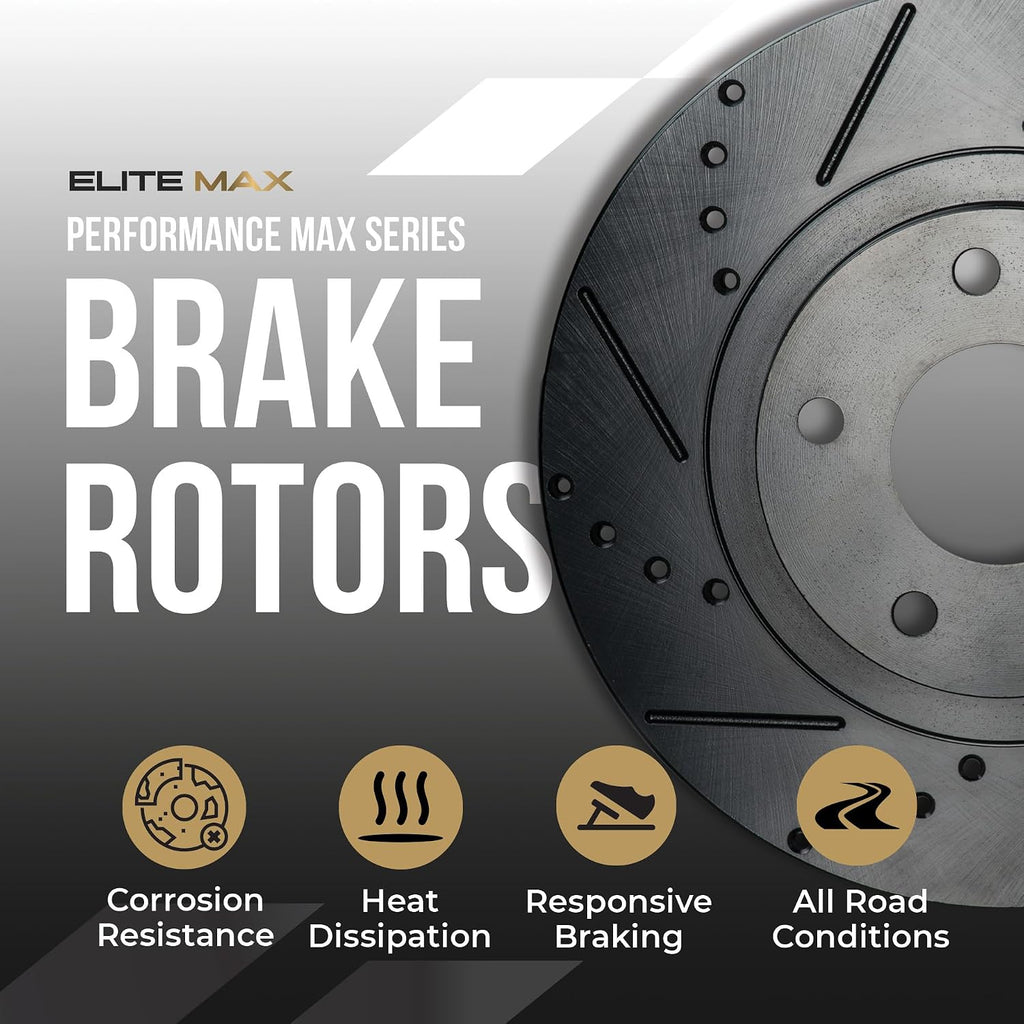 Max Advanced Brakes Front & Rear Brake Kit Compatible With 2011-2014 Nissan Murano Compatible With Infiniti QX70 Q70 Replacement Drilled Slotted Black Coated Disc Brake Rotors and Ceramic Brake Pads
