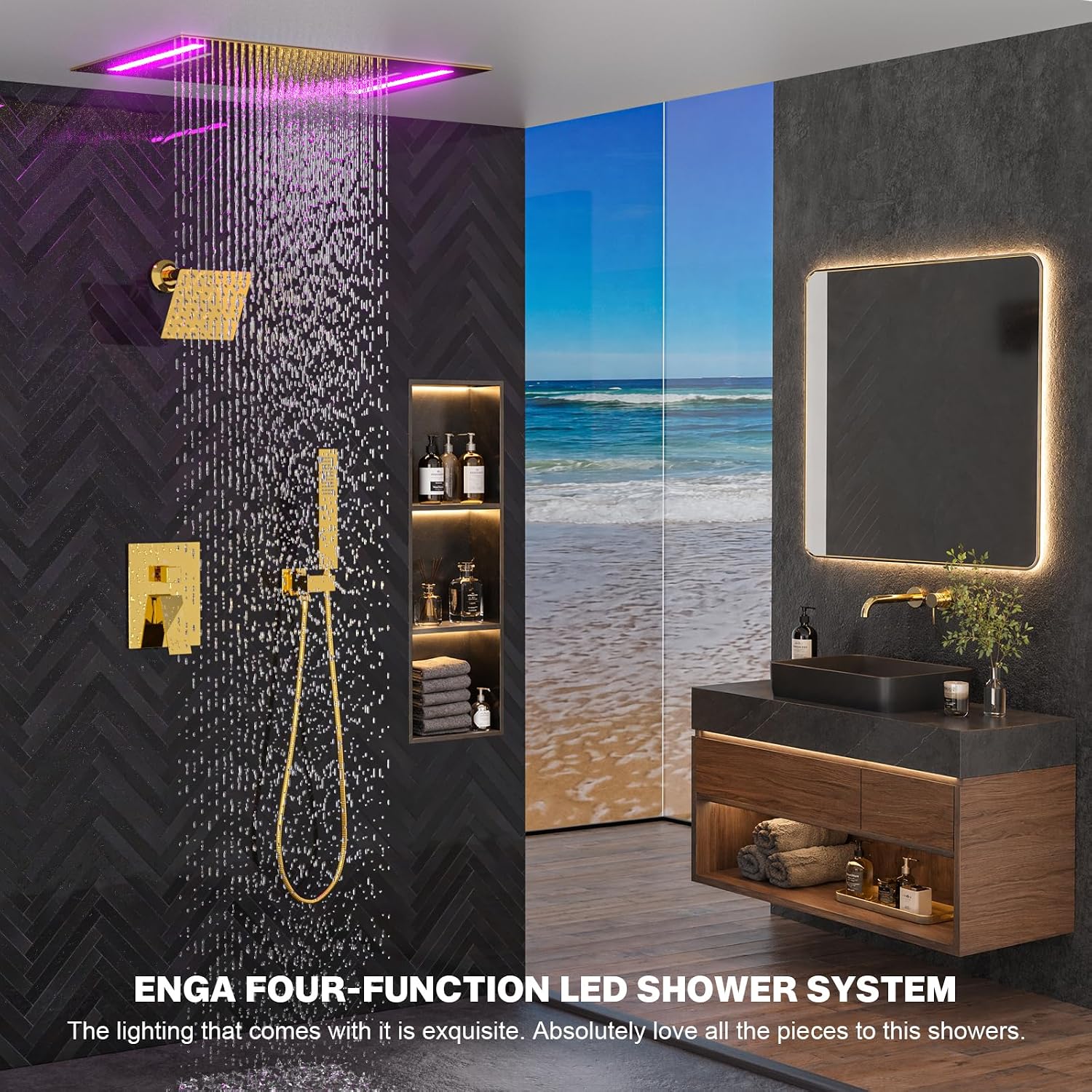 ENGA Bright Gold Dual Rain Shower Head System, 2 In 1 Functions Ceiling Mount 14x20inch LED Shower Head with 6 Inch Shower Head, Rainfall Waterfall Shower Faucet Set