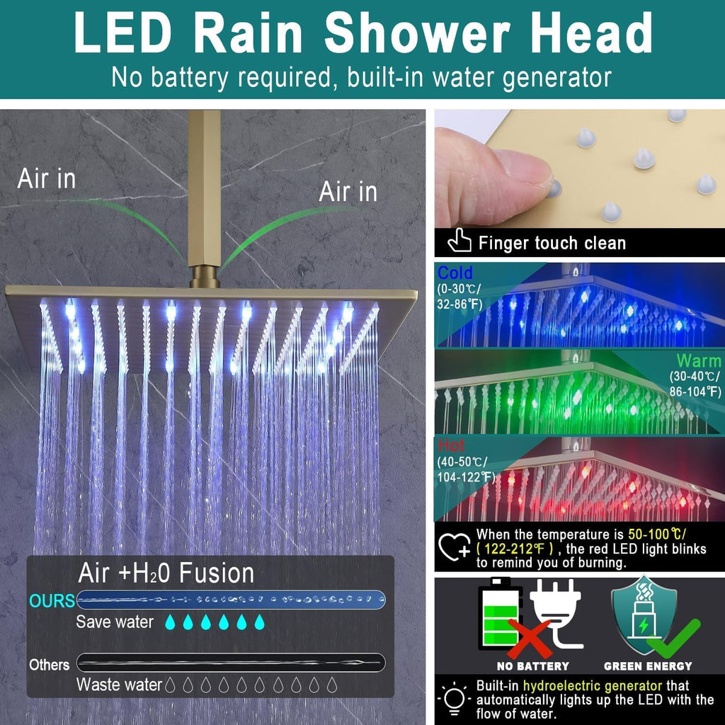 Brushed Gold Rain Shower System - Enga Full Body Spray Shower 12inch Ceiling Rain Showerhead with Body Jets, Thermostatic Modern Shower Combo Set, All Faucet On At The Same Time