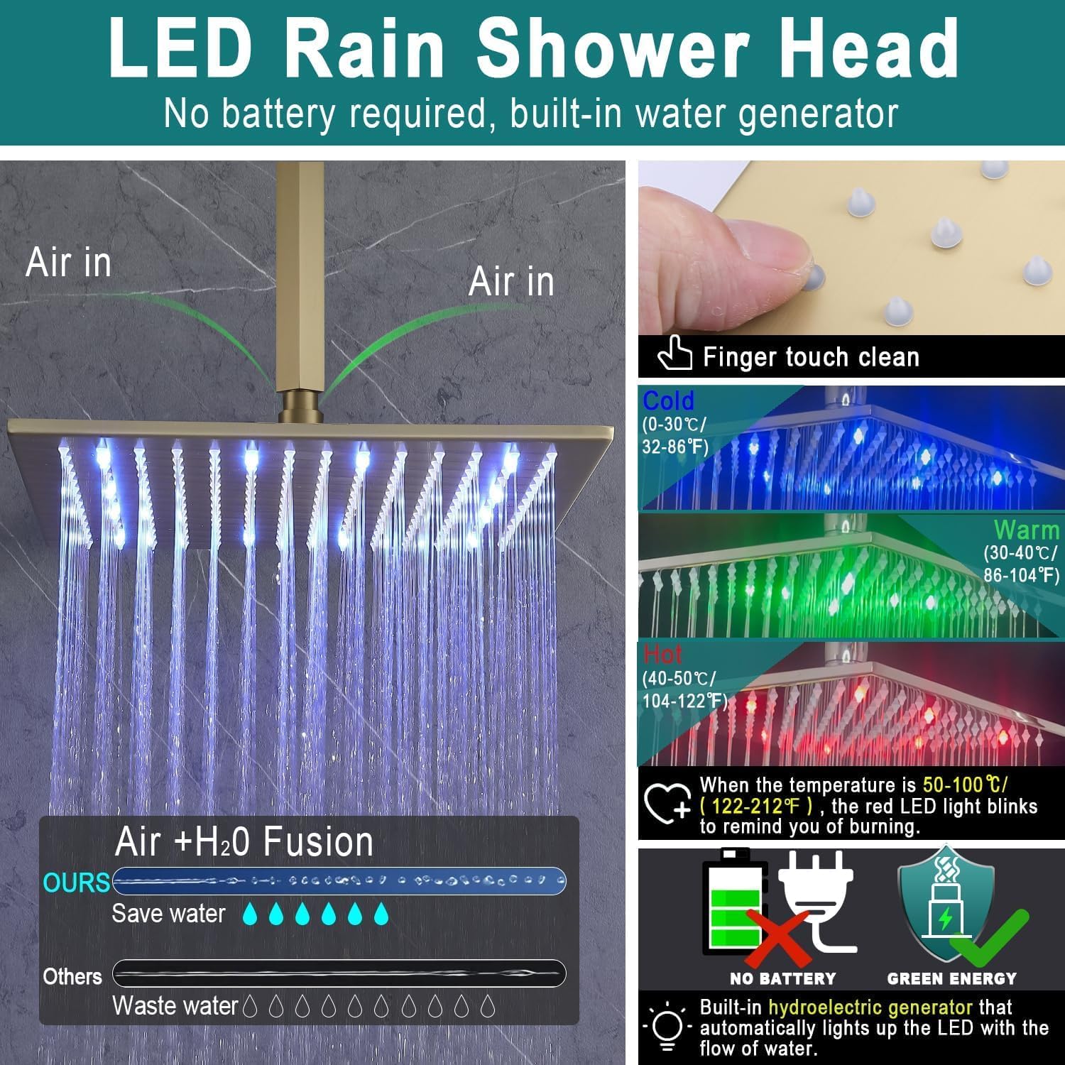 Brushed Gold Rain Shower System - Enga Full Body Spray Shower 12inch Ceiling Rain Showerhead with Body Jets, Thermostatic Modern Shower Combo Set, All Faucet On At The Same Time