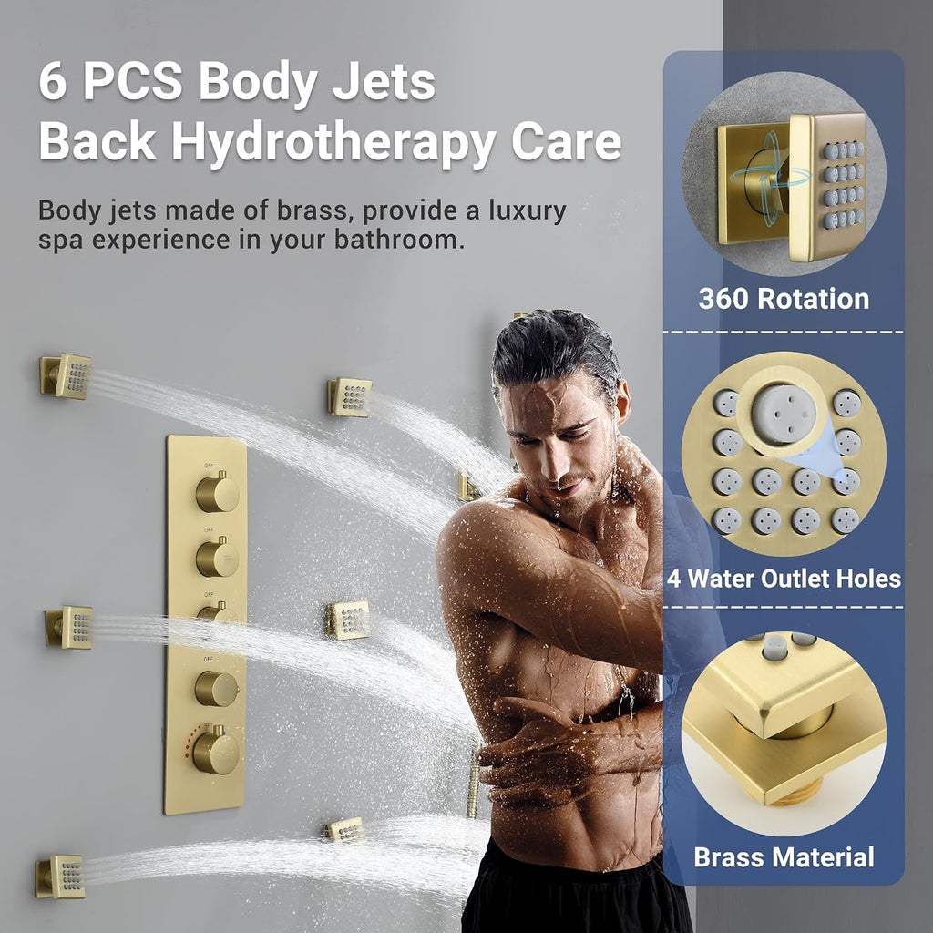 Luxury Dual-Zone Rain & Waterfall Shower Head for 2-Person, Brushed Gold Thermostatic Shower System with 32-Inch Flush Mount Shower, Full body Shower Faucet Set with Handheld Sprayer & 6 Jets