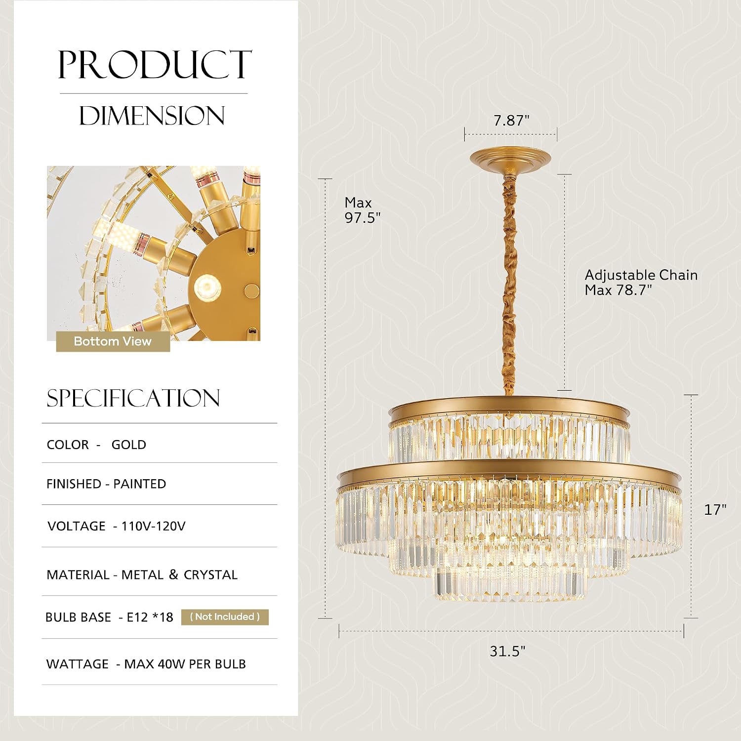31.5' 18-Light Modern Crystal Chandelier Light Fixture Large 4-Tier Gold Luxury Glam Chandeliers for Dining Room Round Hanging Pendant Lighting for Living Room Kitchen Bedroom Foyer Lobby