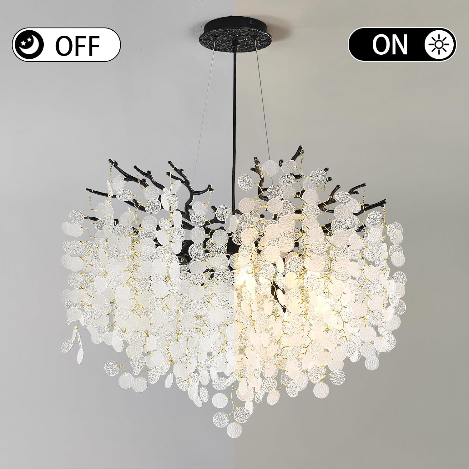 24-Inch Black Tree Branch Chandelier, 8-Light Modern Coastal Chandelier, Round Crystal Dining Room Light Fixtures for Foyer Entryway Stairwell, Bathroom Chandeliers Over Tub, E12
