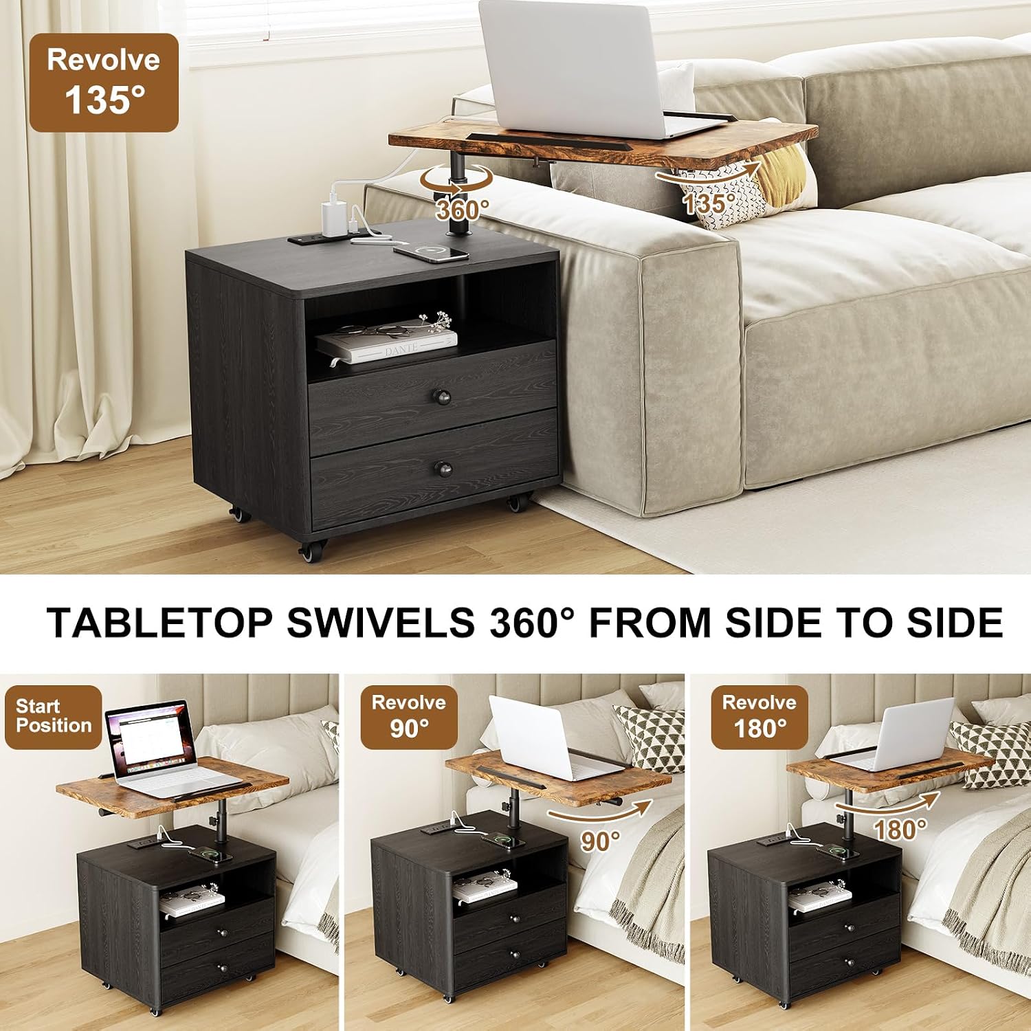 Bedroom Nightstand with Drawers & Charging Station, Adjustable Height Bedside Table with Wheels, Wooden Small Sofa Side Tables with Storage for Living Room, Black Brown