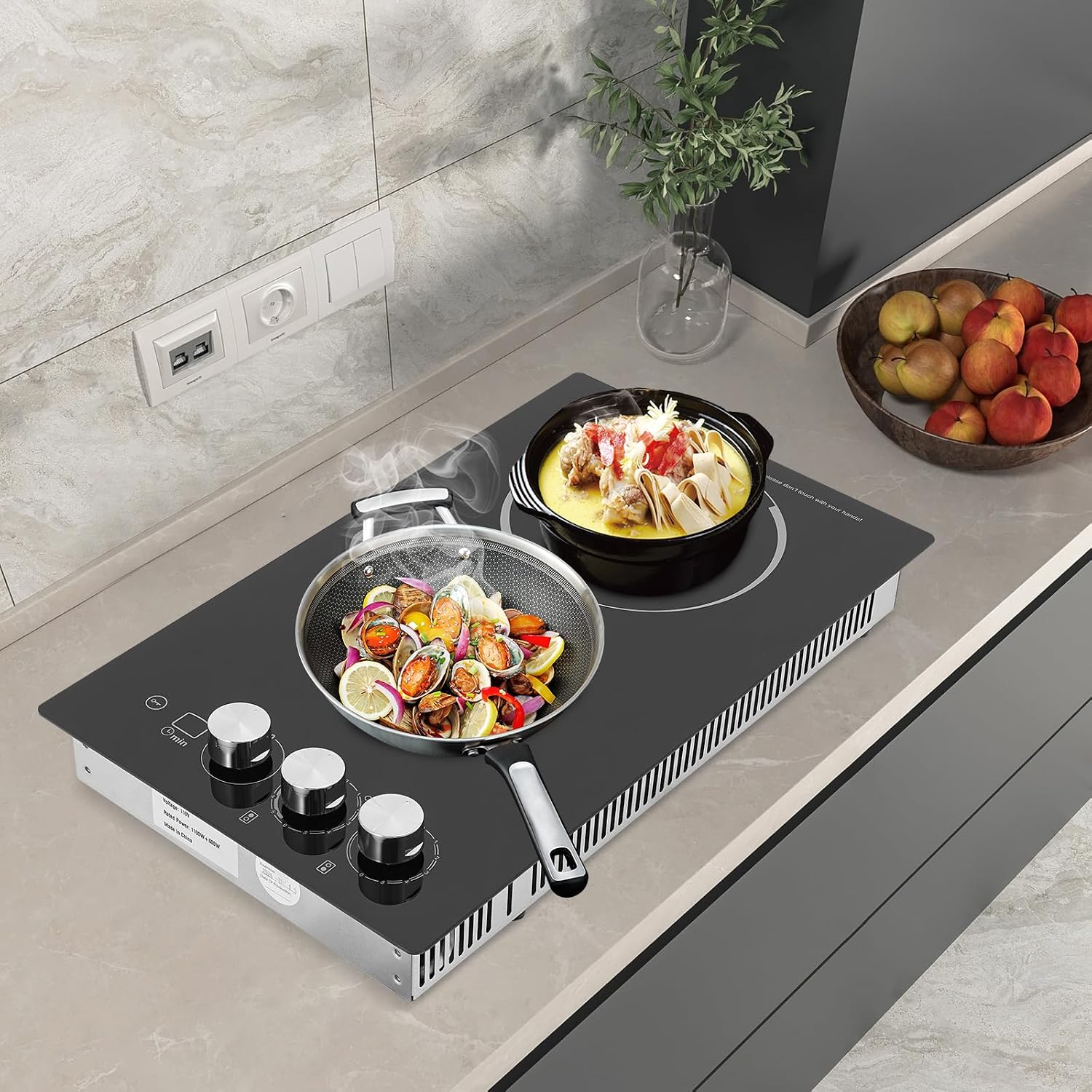 Induction Cooker, Built-In Electric Cooktop 2 Burners Electric Stove Top, 1700W Microcrystalline Panel Cooktop, 5 Power Levels, Knob Control, LED Screen, Child Safety Lock,110V