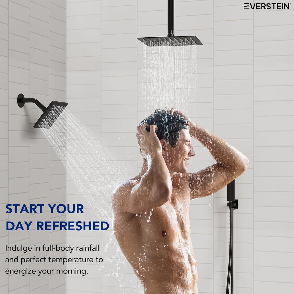 Ceiling Mount 12' High-Pressure Rainfall Shower Faucet, Dual Rainfall Shower Head System with Valve (Matte Black)
