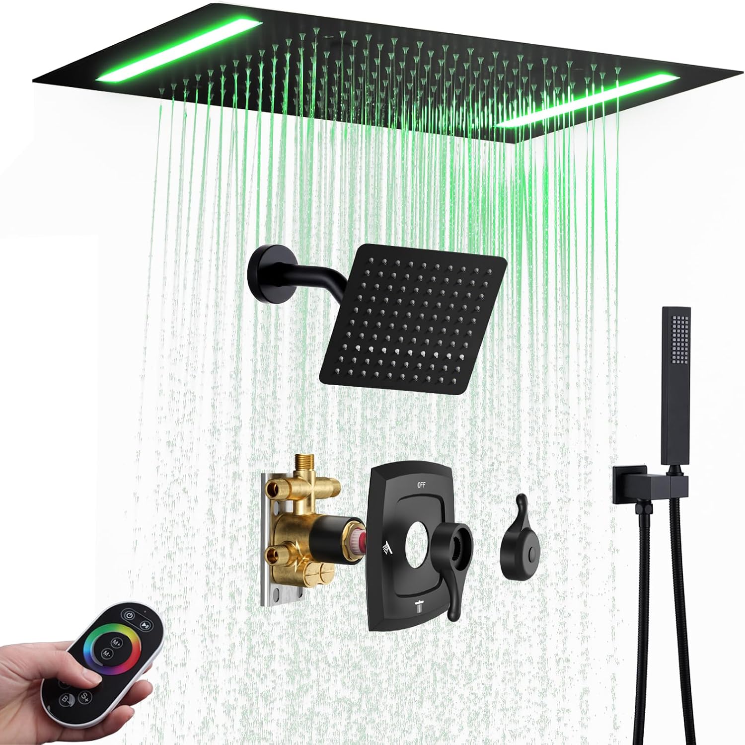 14 X 20 Inch Ceiling LED Rain Shower Head, Dual Rainfall Smart Shower System Set With 8 Inch Wall Head For Two People (Matte Black)