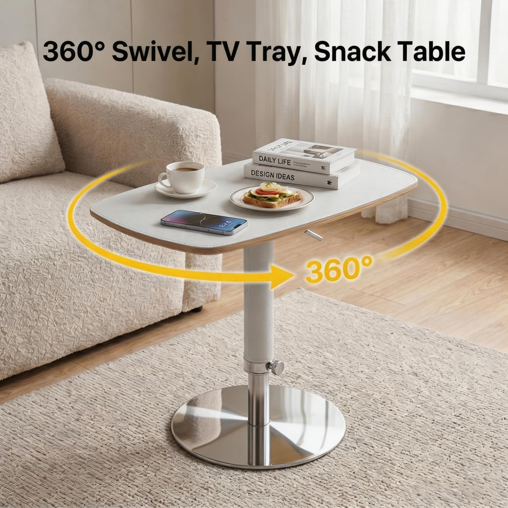 TV Trays for Eating on Couch, Adjustable Height 360° Swivel TV Tray with Saddle Faux Leather Top, Heavy Duty Snack Table for Sofa Bed Recliner, C Shaped Side Table for Laptop Dinner Small Spaces