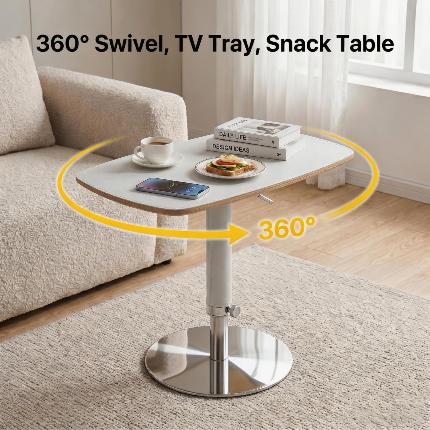 TV Trays for Eating on Couch, Adjustable Height 360° Swivel TV Tray with Saddle Faux Leather Top, Heavy Duty Snack Table for Sofa Bed Recliner, C Shaped Side Table for Laptop Dinner Small Spaces
