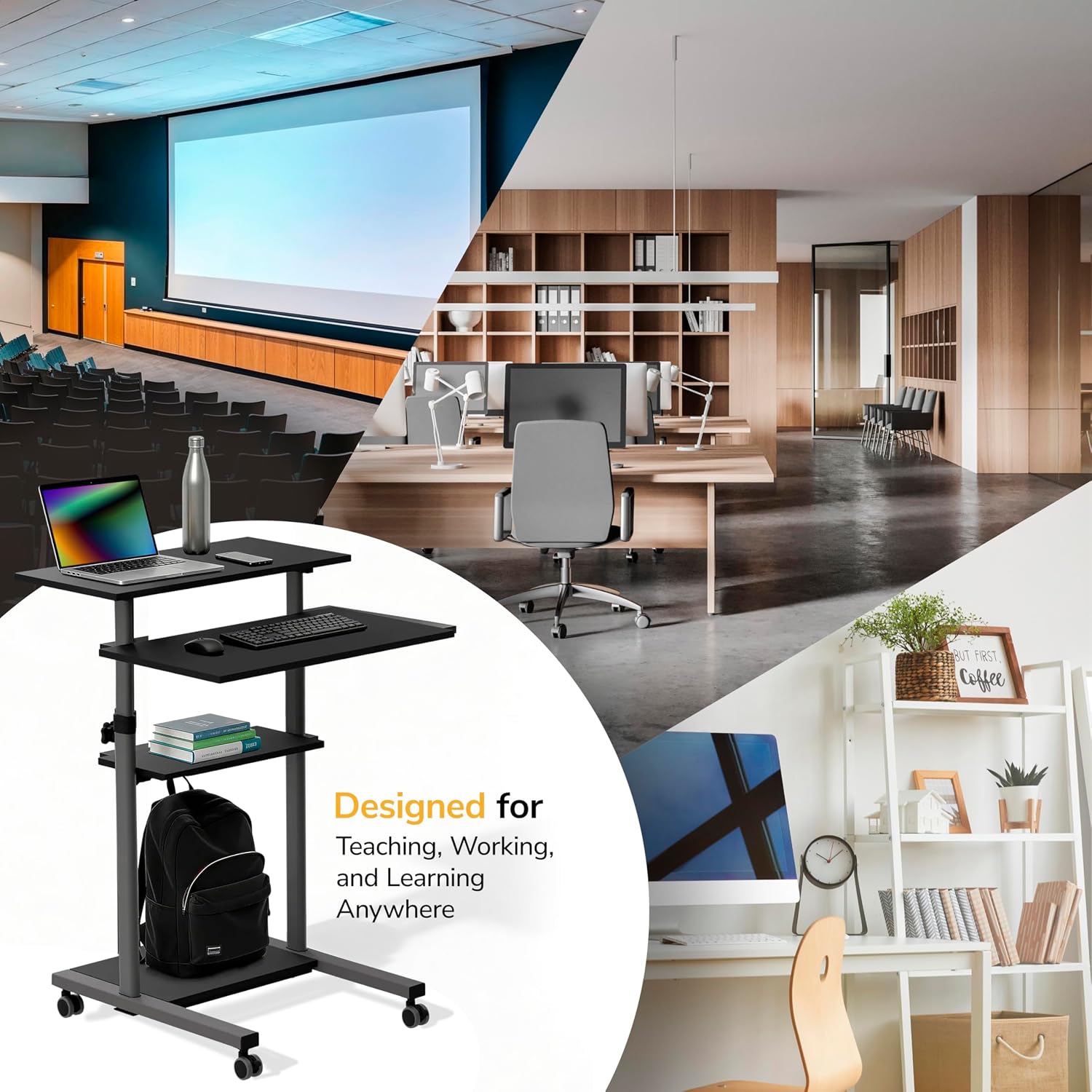 Mount-It! Rolling Desk Adjustable Height up to 54.7', Portable Standing Desk for Laptop or Podium Stand with Wheels, Mobile Roller Presentation Cart, Computer Work Station 27.5' Wide, Locking Wheels