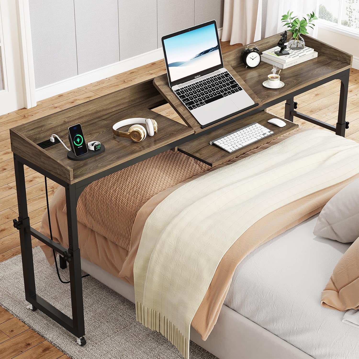 Tribesigns Height Adjustable Overbed Table with Wheels, Queen Size Over Bed Desk with Adjustable Tilt Stand, Mobile Laptop Cart Computer Desk with Outlets & USB Ports (Dark Gray)