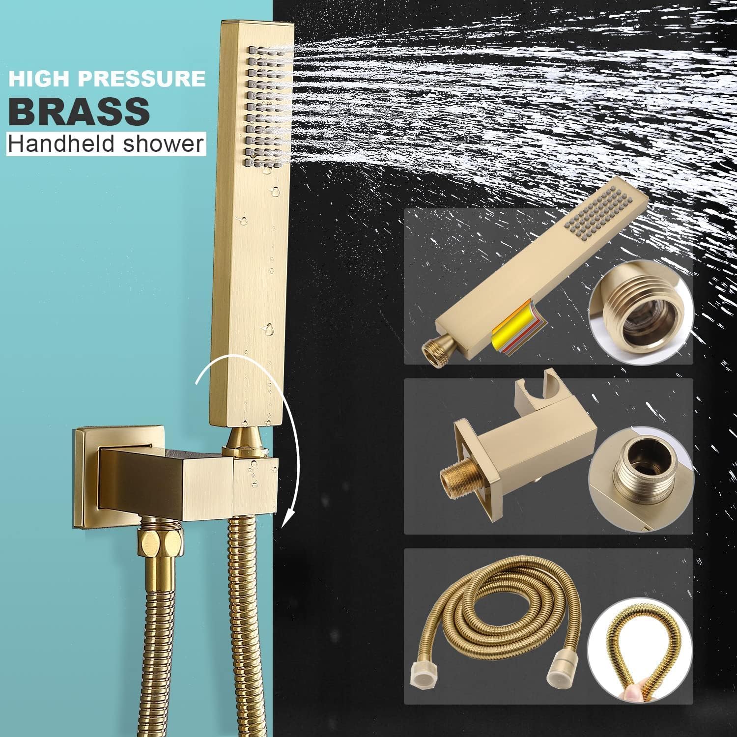 Brushed Gold Rain Shower System - Enga Full Body Spray Shower 12inch Ceiling Rain Showerhead with Body Jets, Thermostatic Modern Shower Combo Set, All Faucet On At The Same Time